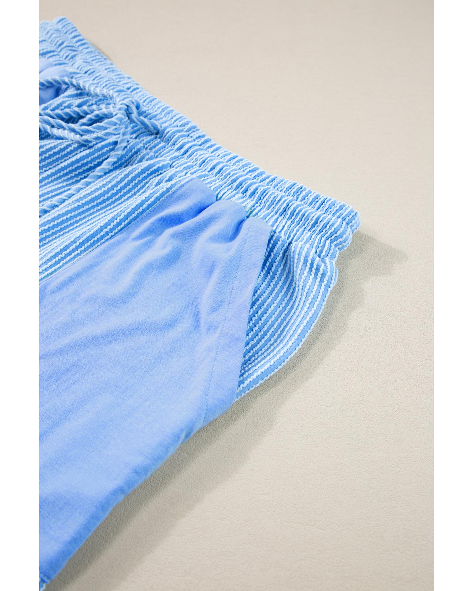 Light Blue Plus Size Ribbed Long Sleeve Top and Drawstring Shorts Set - 1X