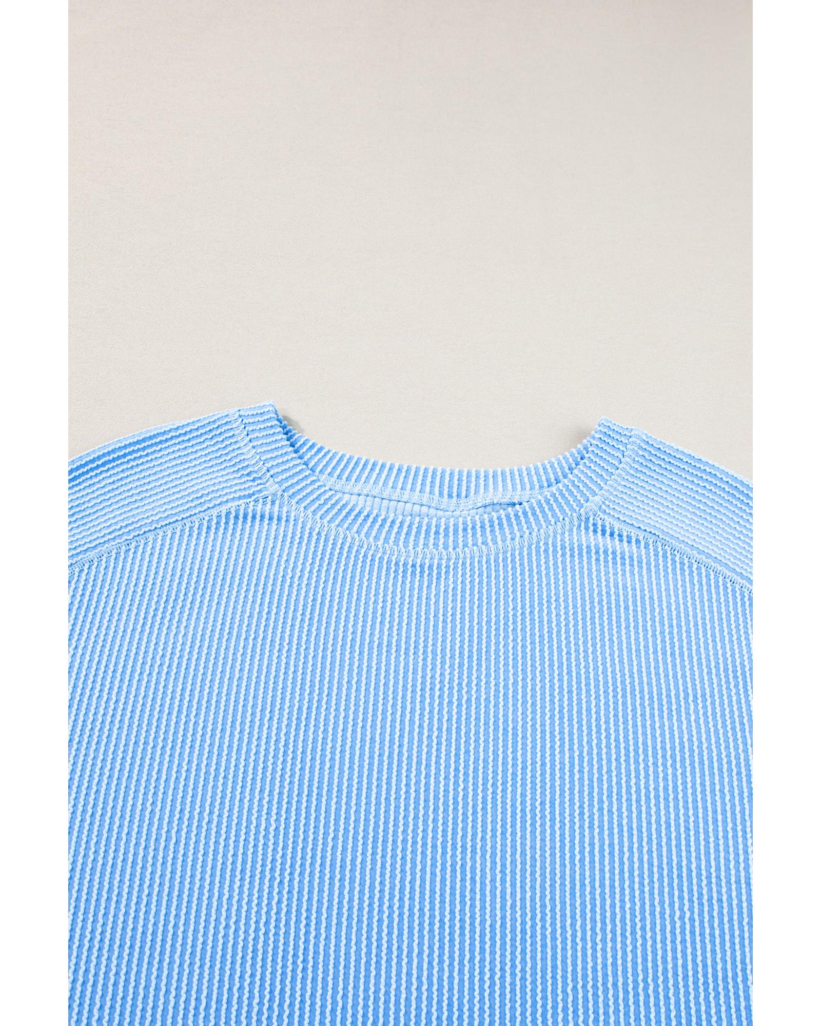 Light Blue Plus Size Ribbed Long Sleeve Top and Drawstring Shorts Set - 1X
