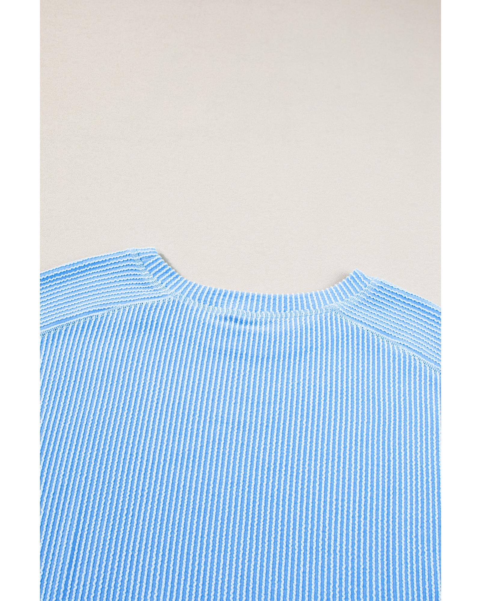 Light Blue Plus Size Ribbed Long Sleeve Top and Drawstring Shorts Set - 1X