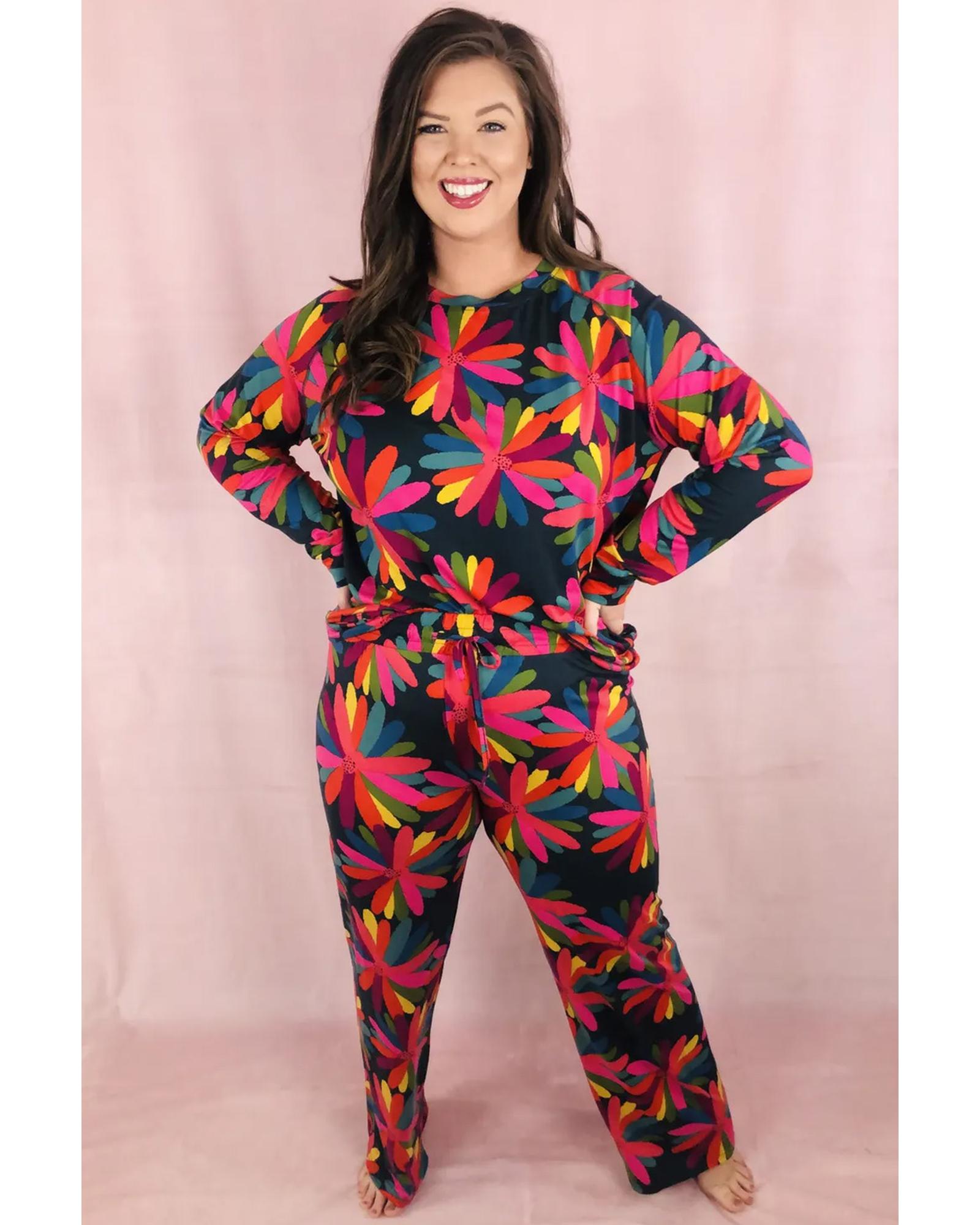Black Plus Size Printed Long Sleeve and Pants Lounge Set - 4X
