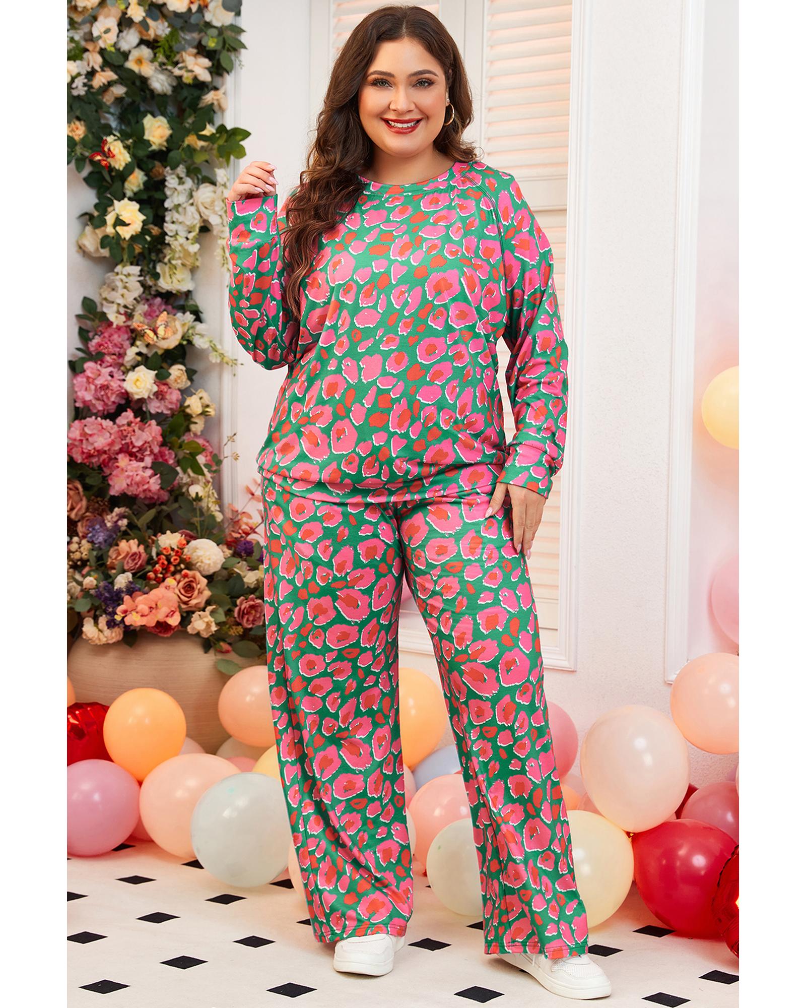 Green Plus Size Printed Long Sleeve and Pants Lounge Set - 1X