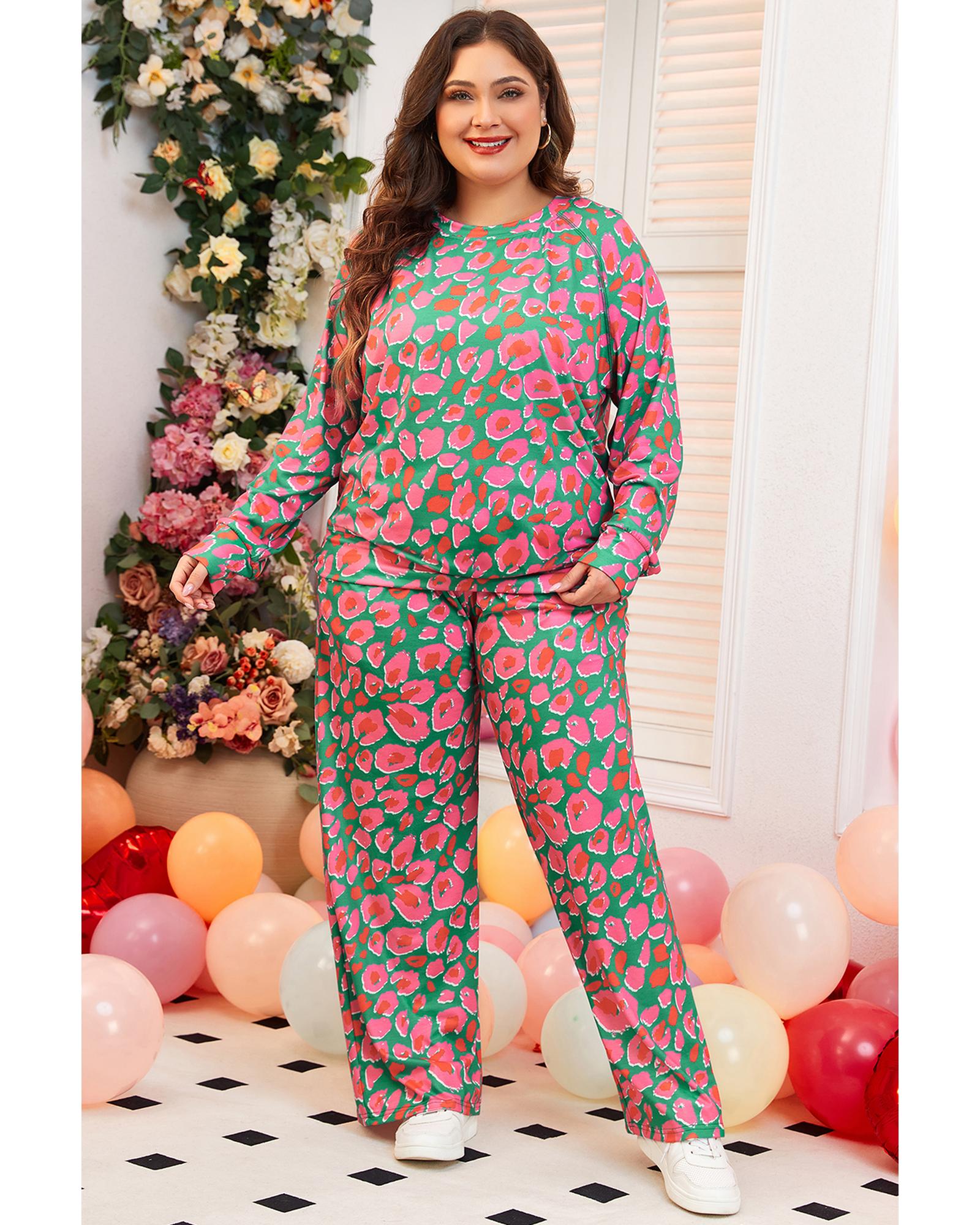 Green Plus Size Printed Long Sleeve and Pants Lounge Set - 1X