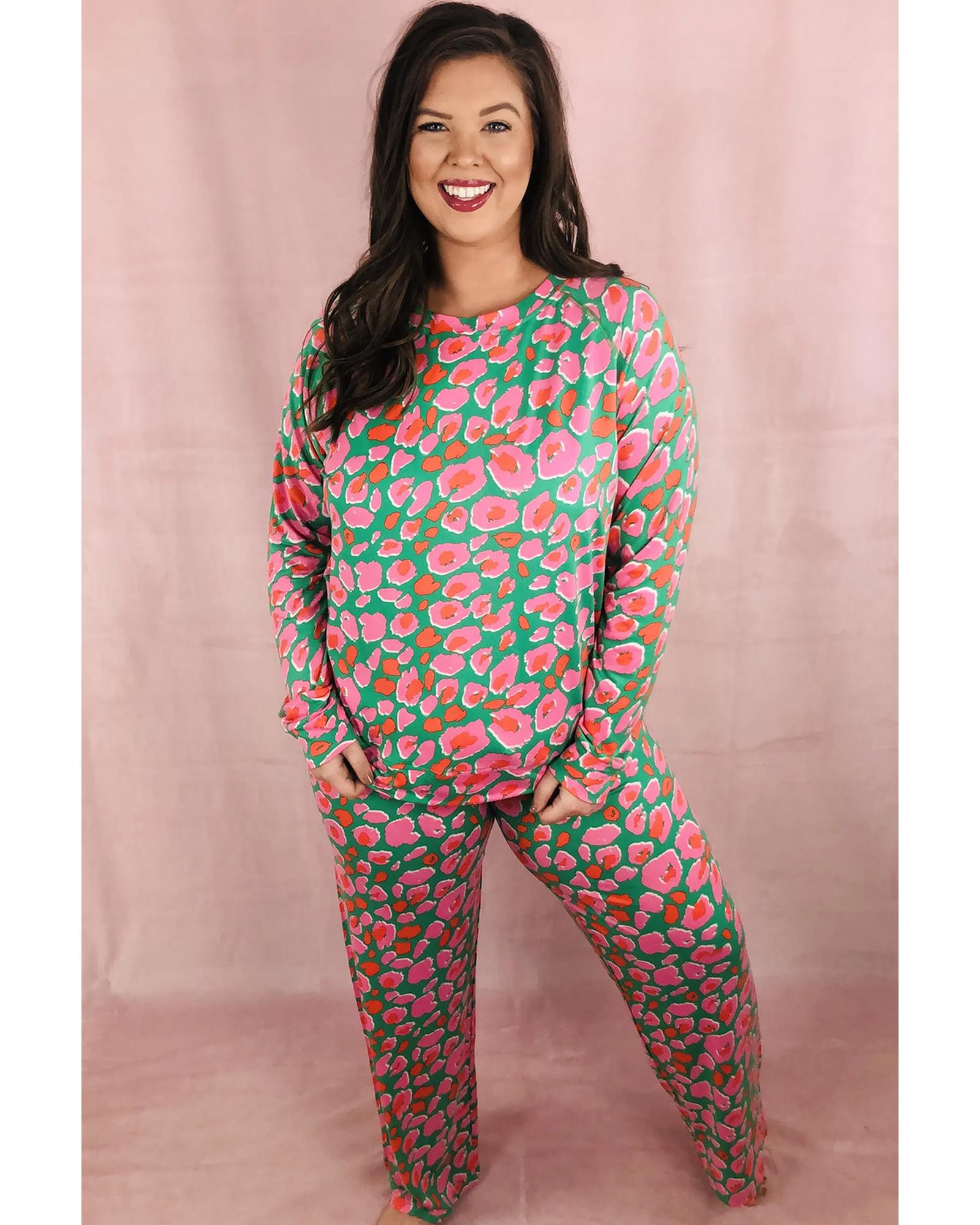 Green Plus Size Printed Long Sleeve and Pants Lounge Set - 2X