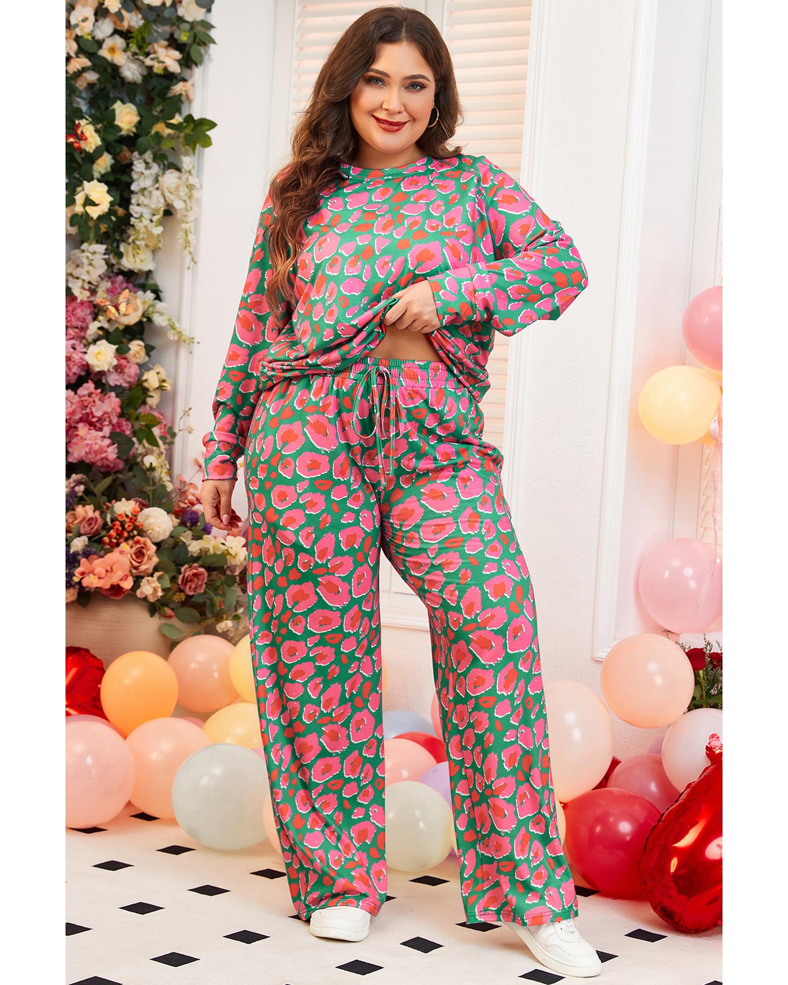 Green Plus Size Printed Long Sleeve and Pants Lounge Set - 2X