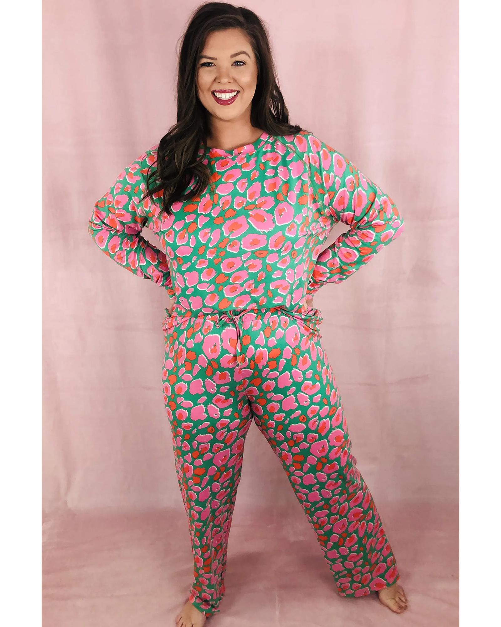Green Plus Size Printed Long Sleeve and Pants Lounge Set - 2X