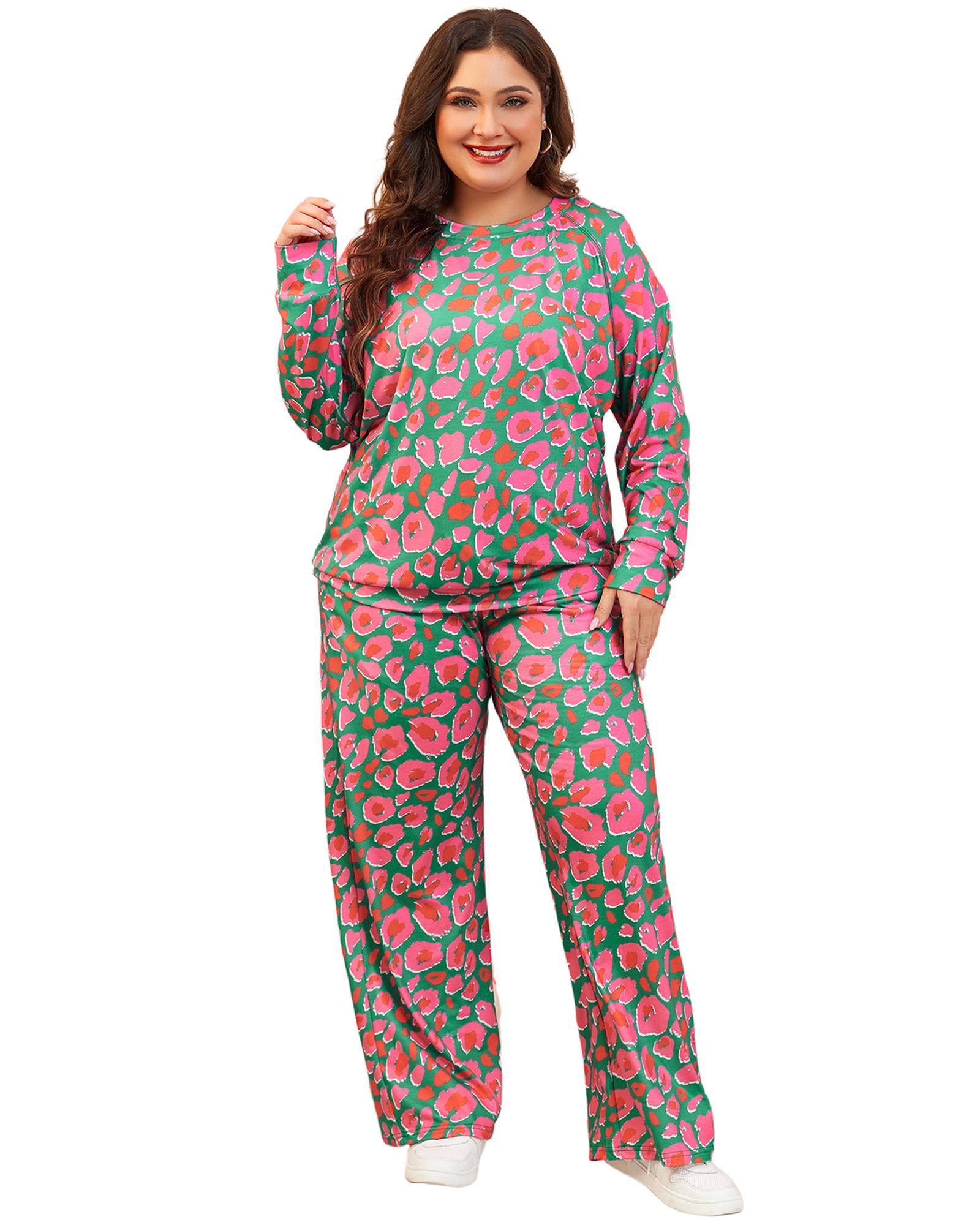 Green Plus Size Printed Long Sleeve and Pants Lounge Set - 2X