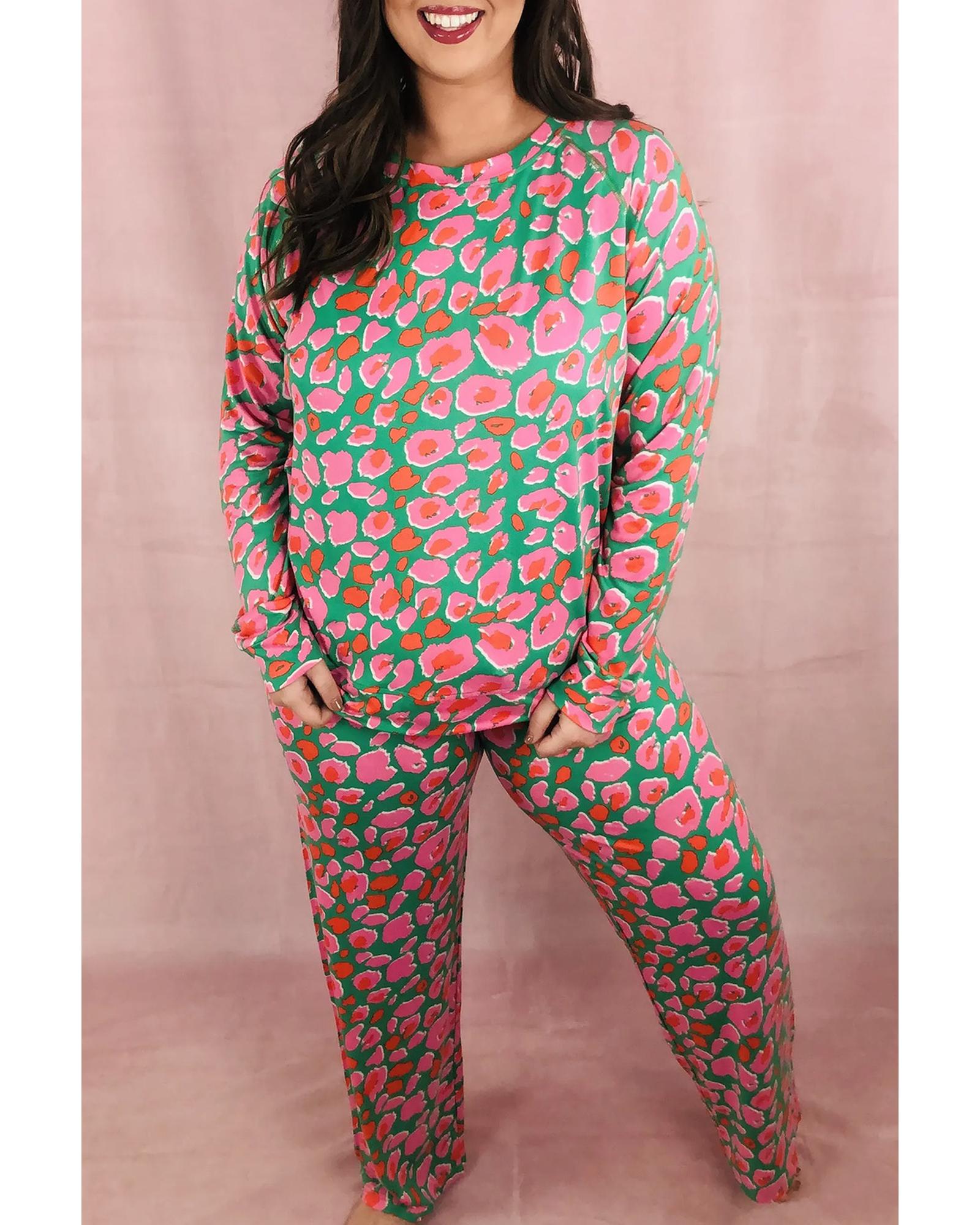 Green Plus Size Printed Long Sleeve and Pants Lounge Set - 4X