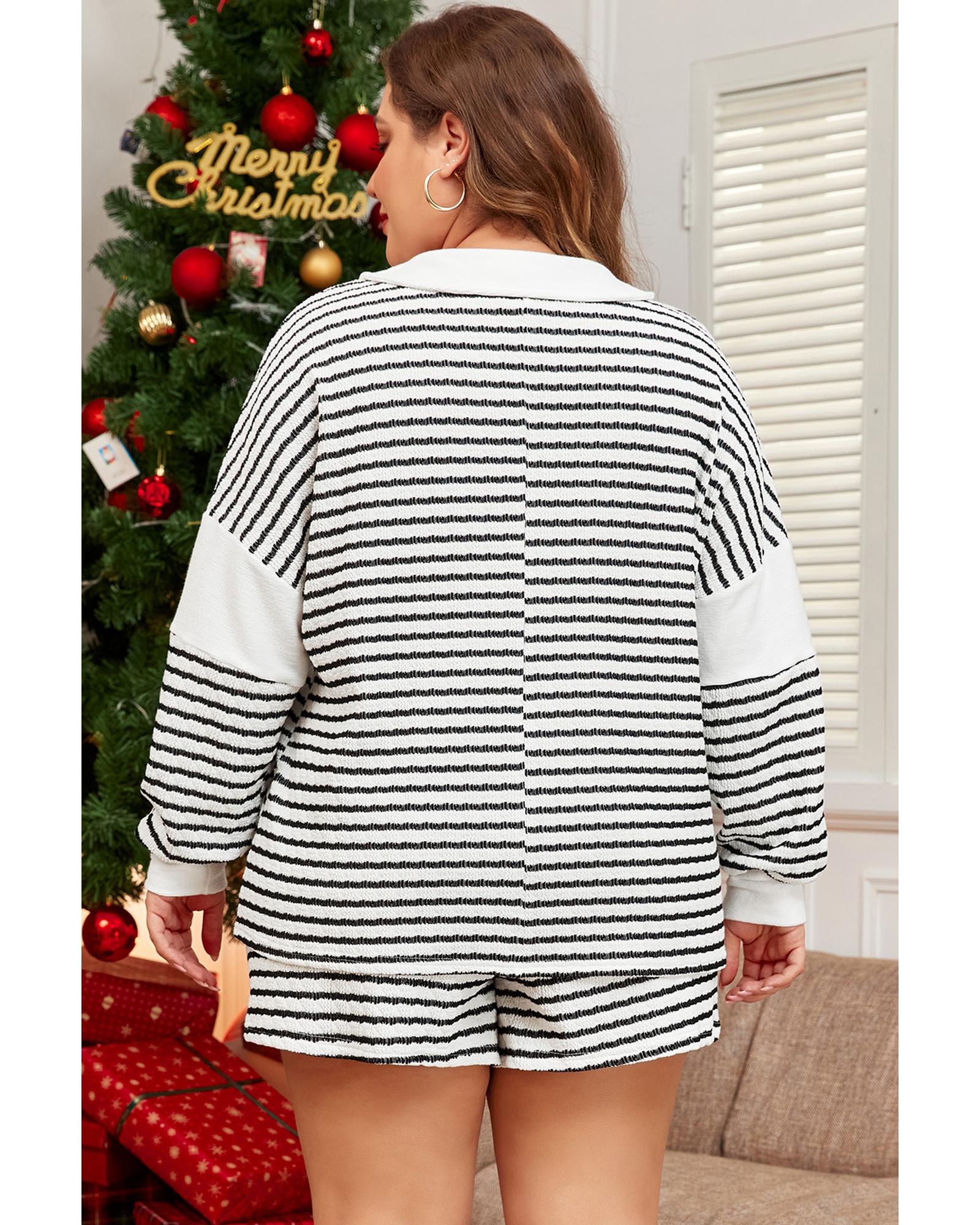 Black Stripe Collared V Neck Long Sleeve Top Plus Shorts Set - 1X
