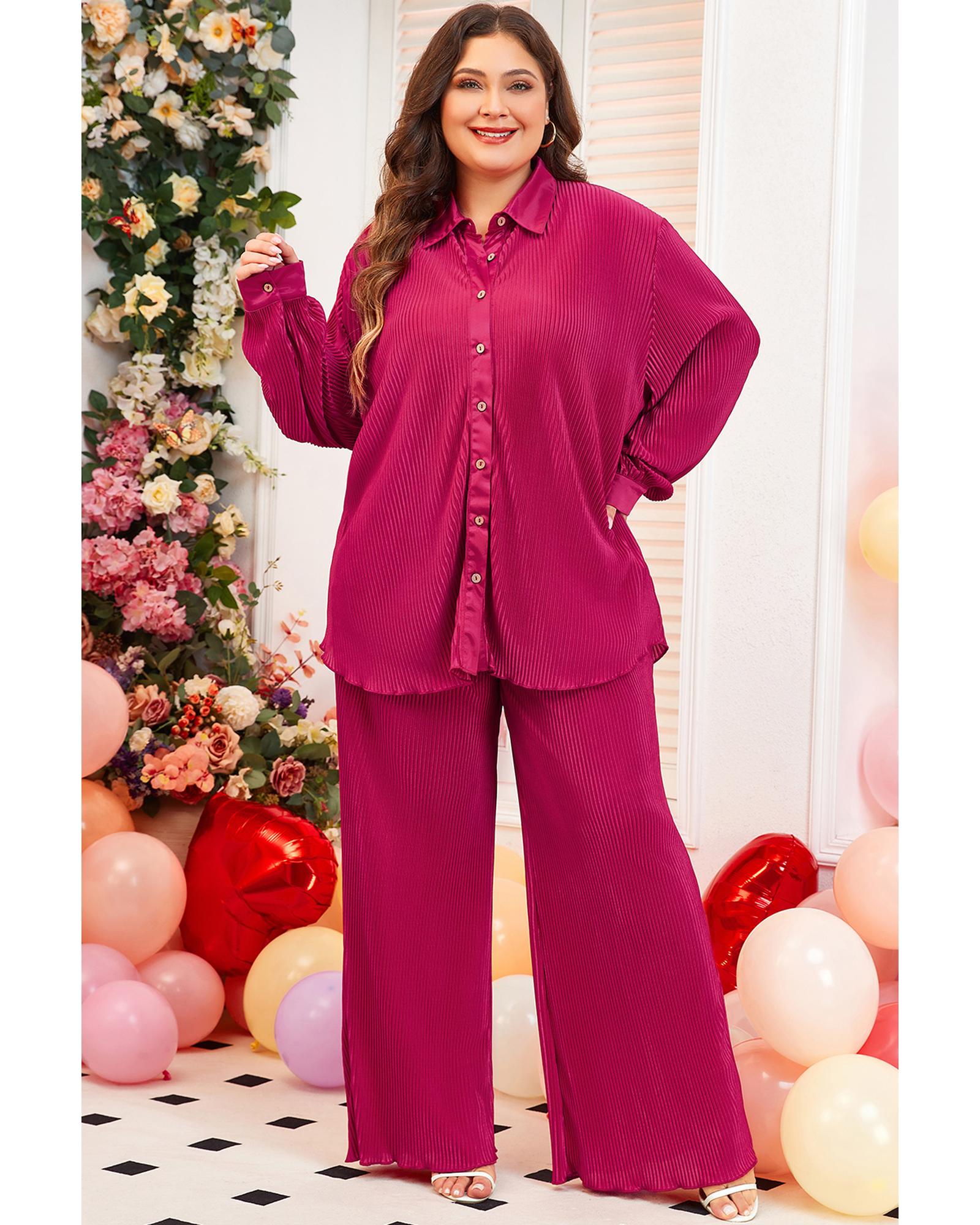 Rose Red Plus Size Ribbed Long Sleeve Shirt and Pants Pajama Set - 1X
