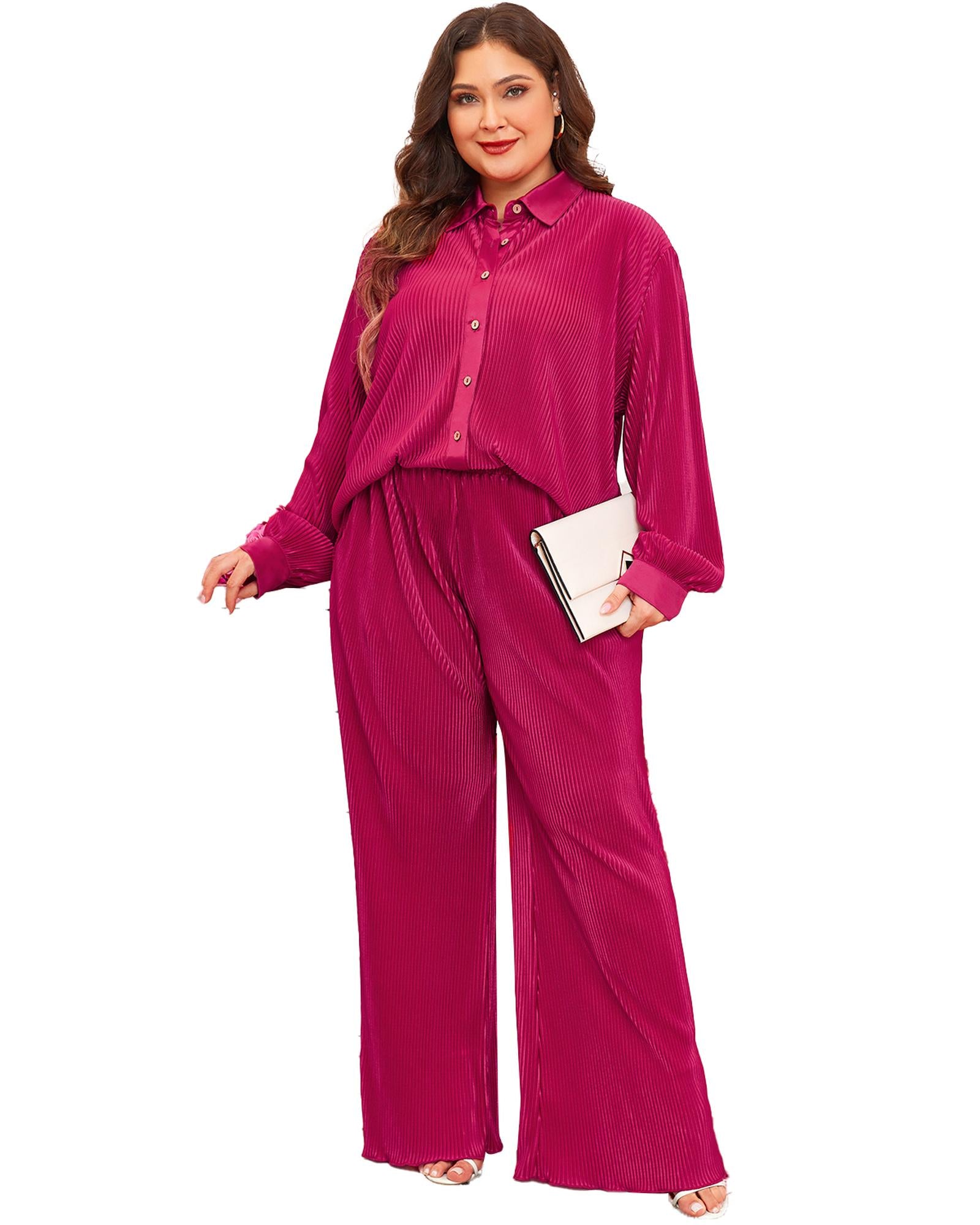 Rose Red Plus Size Ribbed Long Sleeve Shirt and Pants Pajama Set - 2X
