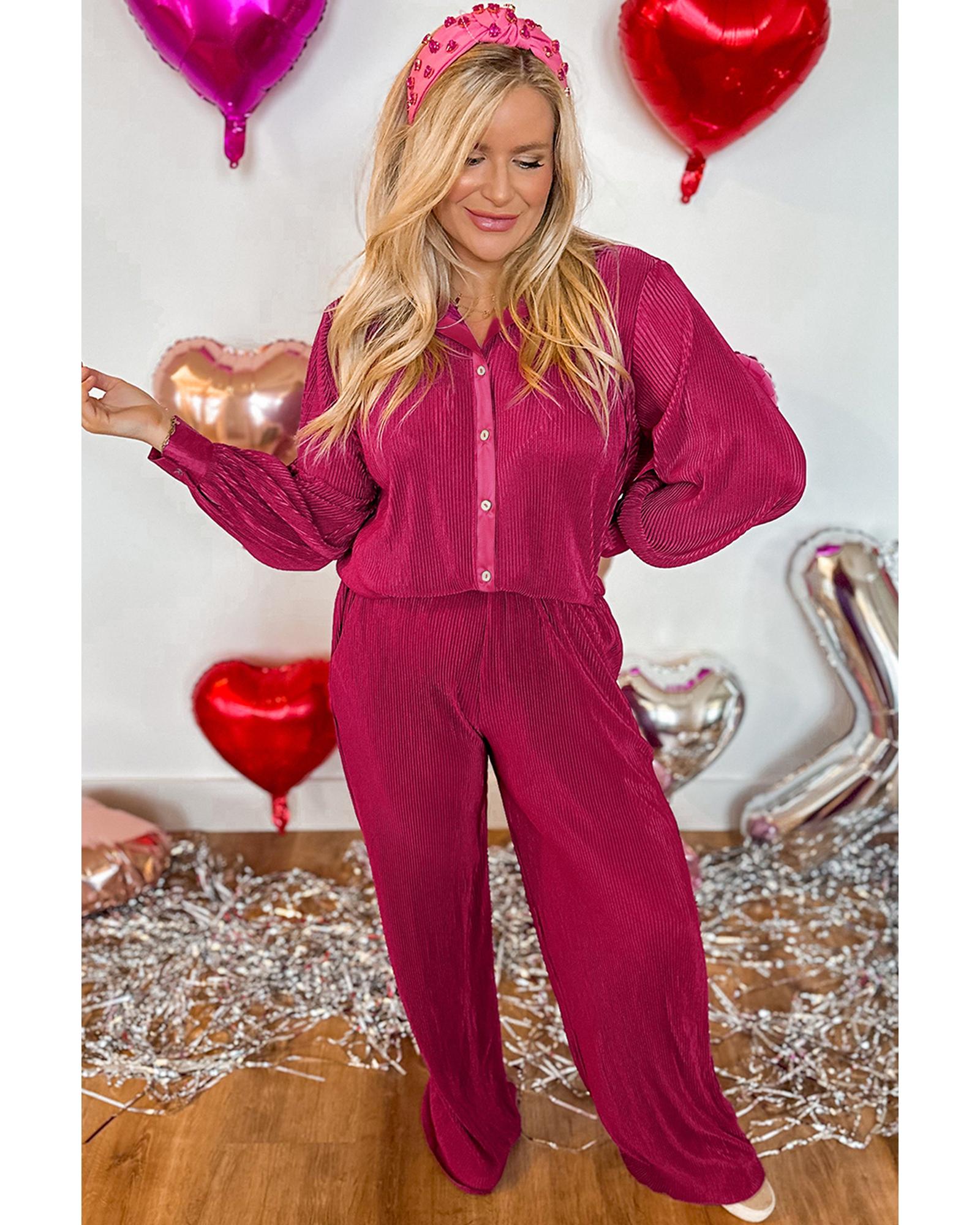 Rose Red Plus Size Ribbed Long Sleeve Shirt and Pants Pajama Set - 2X