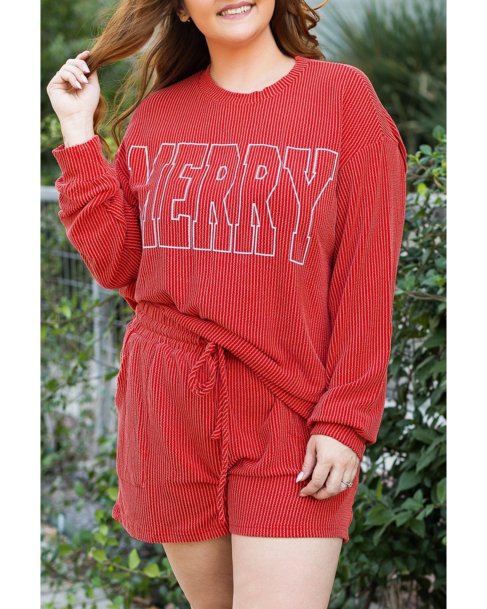 Racing Red MERRY Ribbed Knit Long Sleeve Lace-up Waist Plus Size Set - 3X
