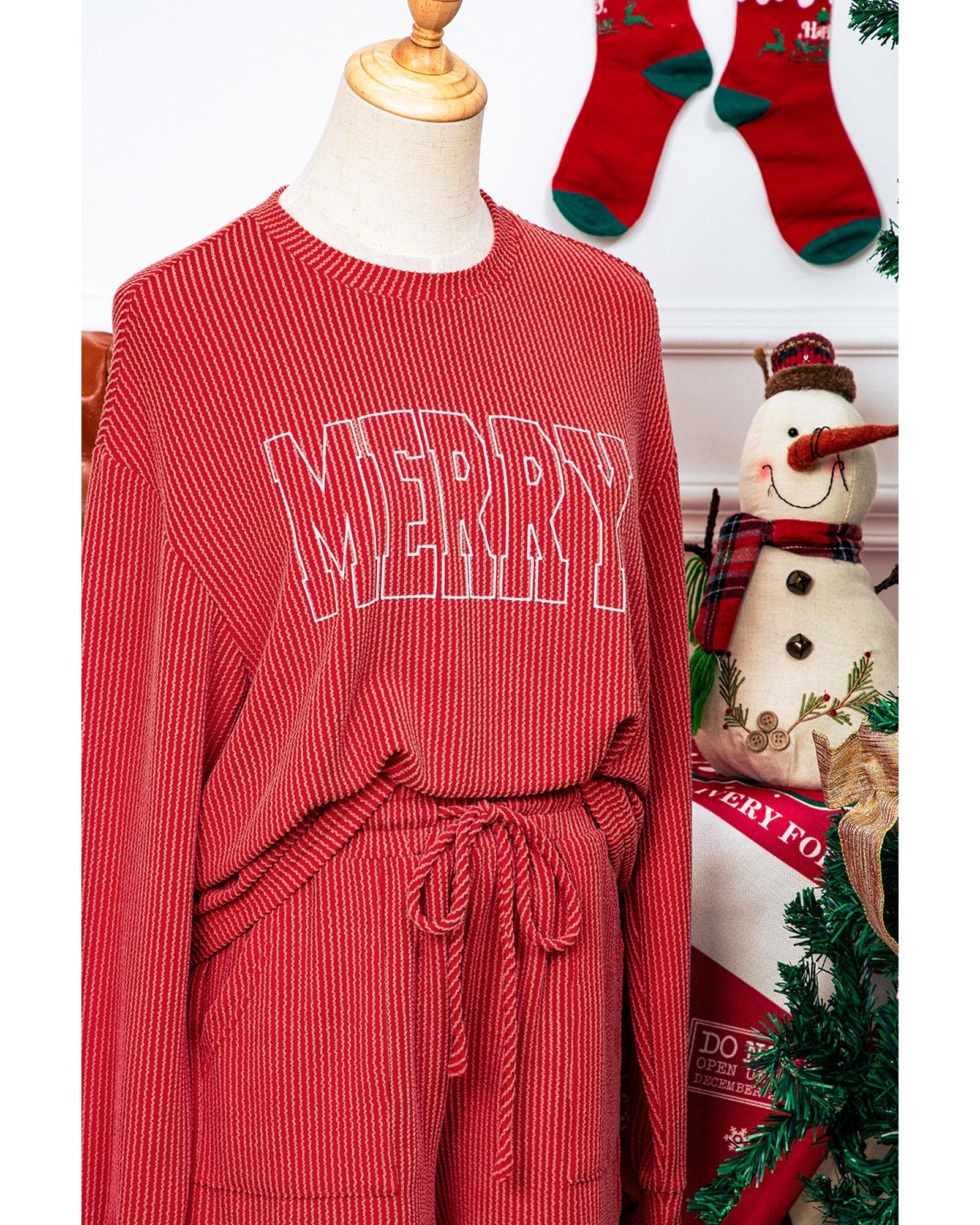 Racing Red MERRY Ribbed Knit Long Sleeve Lace-up Waist Plus Size Set - 4X