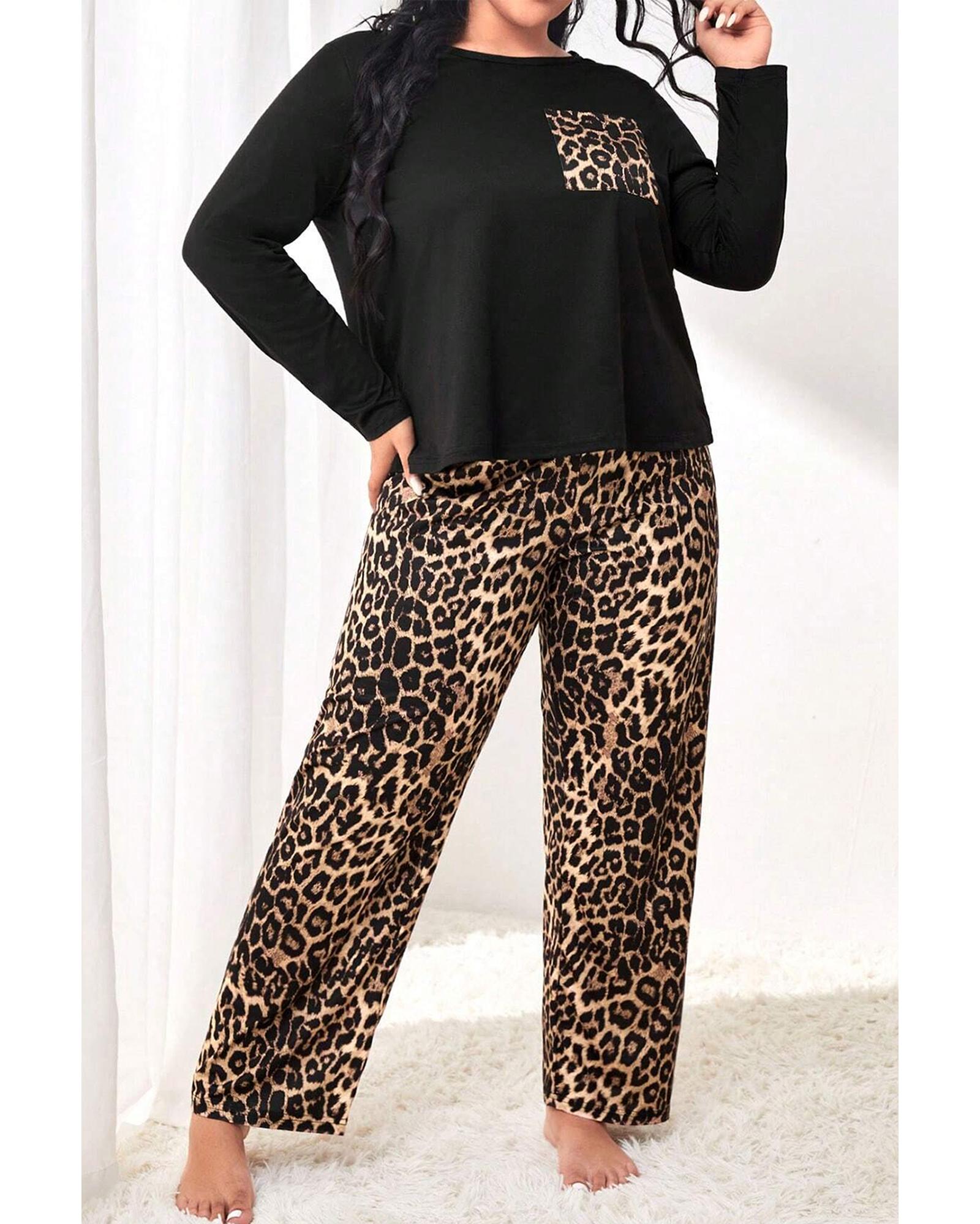 Black Leopard Patched Pocket Long Sleeve Top Plus Size Pants Set - 1X