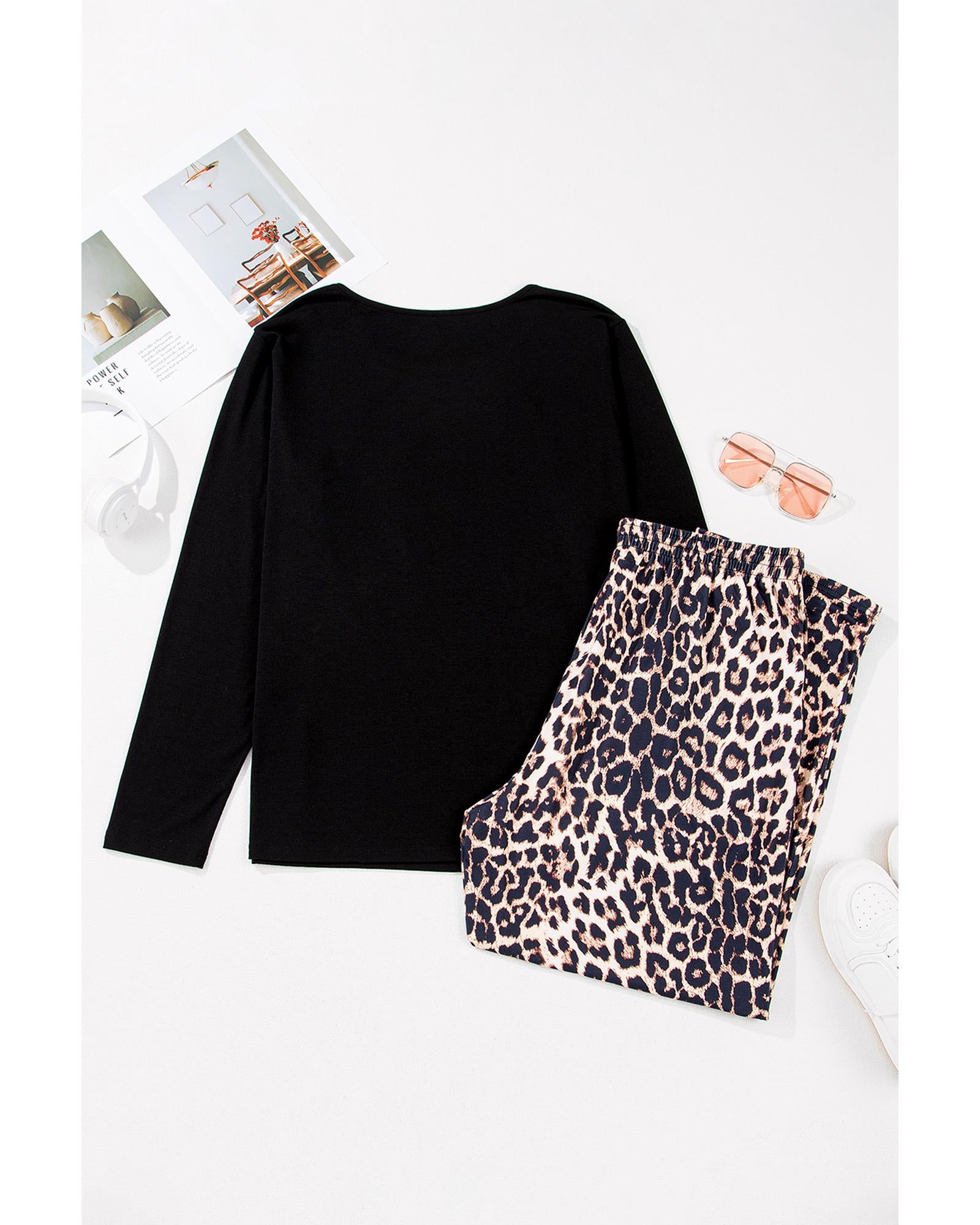 Black Leopard Patched Pocket Long Sleeve Top Plus Size Pants Set - 1X