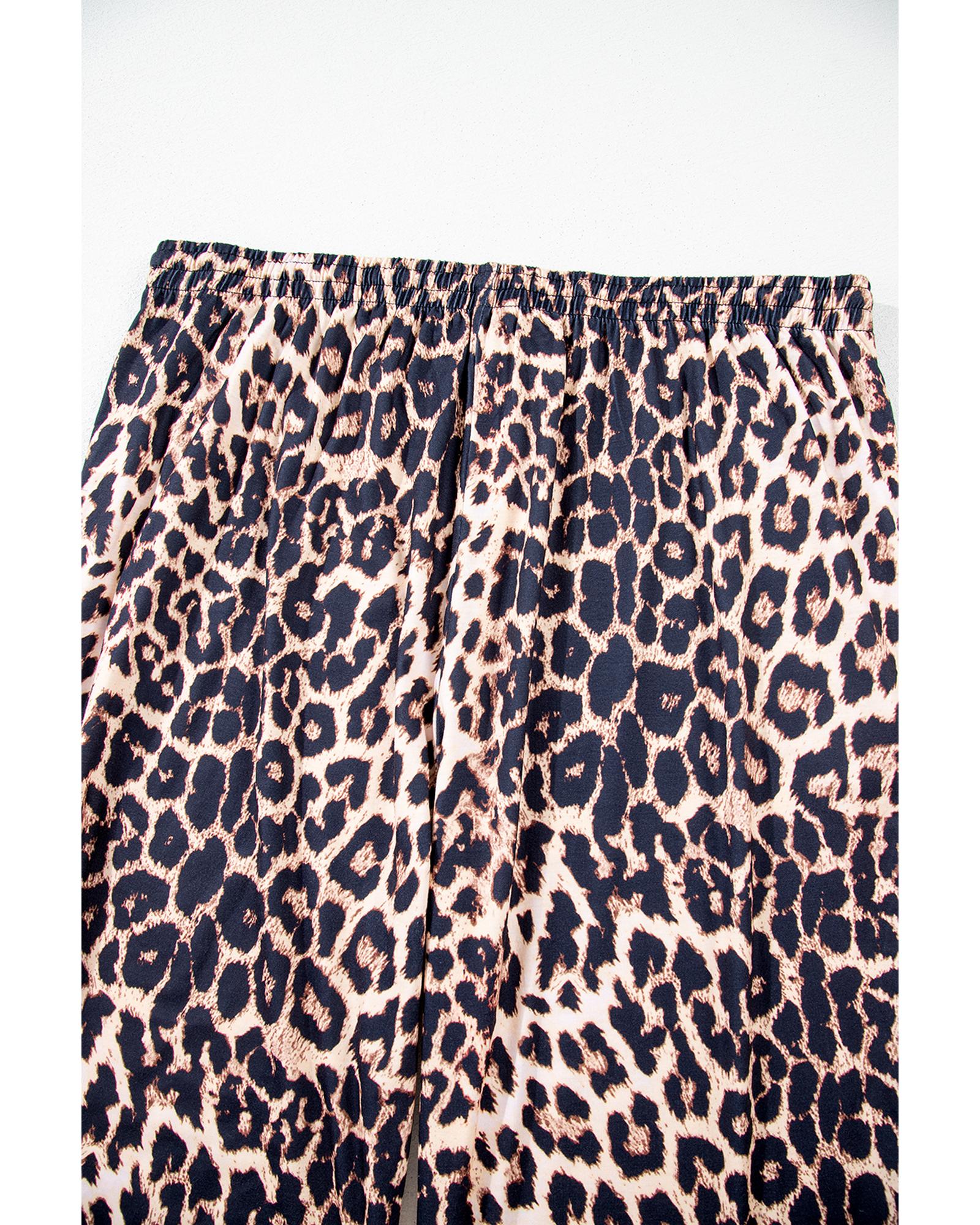 Black Leopard Patched Pocket Long Sleeve Top Plus Size Pants Set - 1X