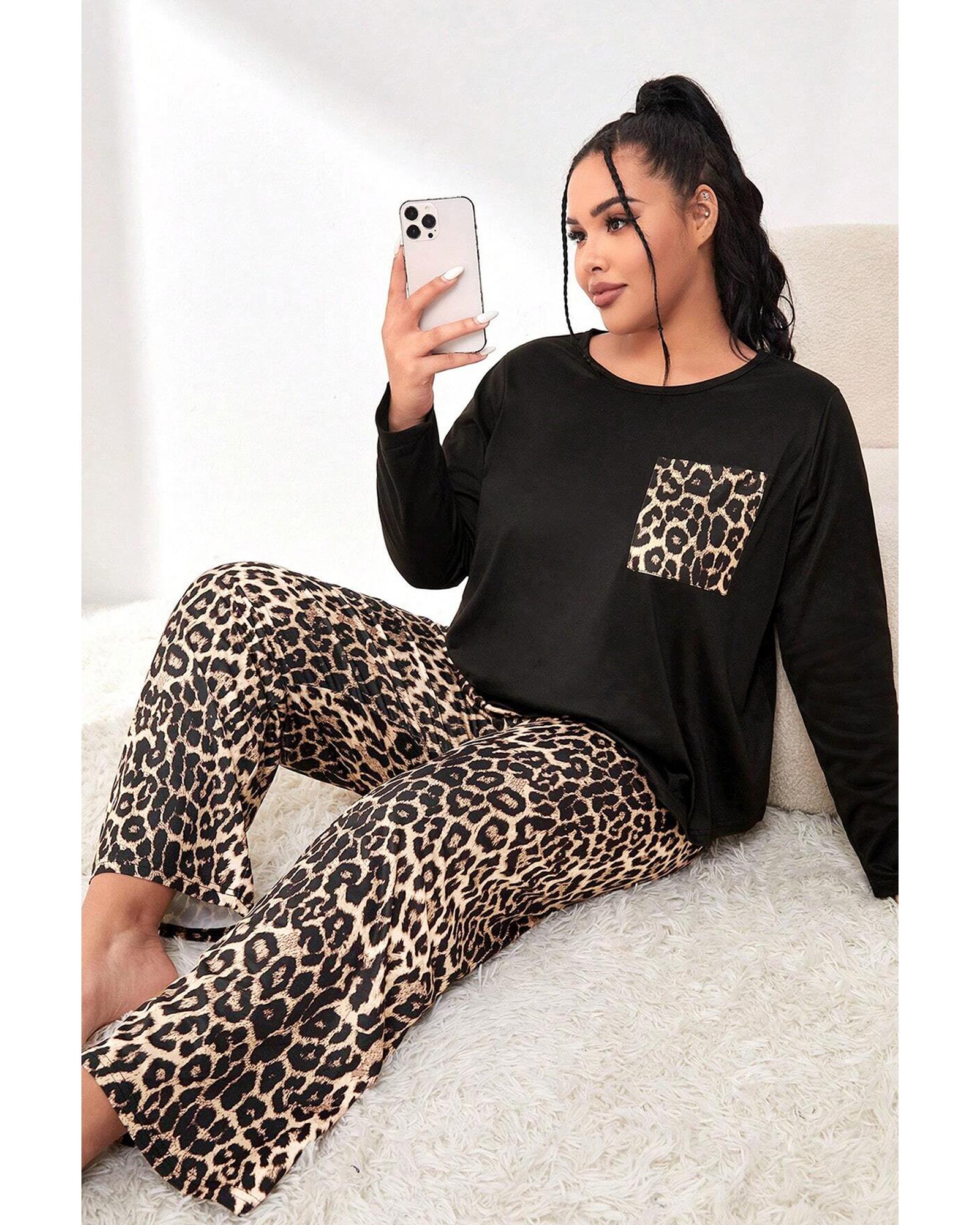 Black Leopard Patched Pocket Long Sleeve Top Plus Size Pants Set - 1X