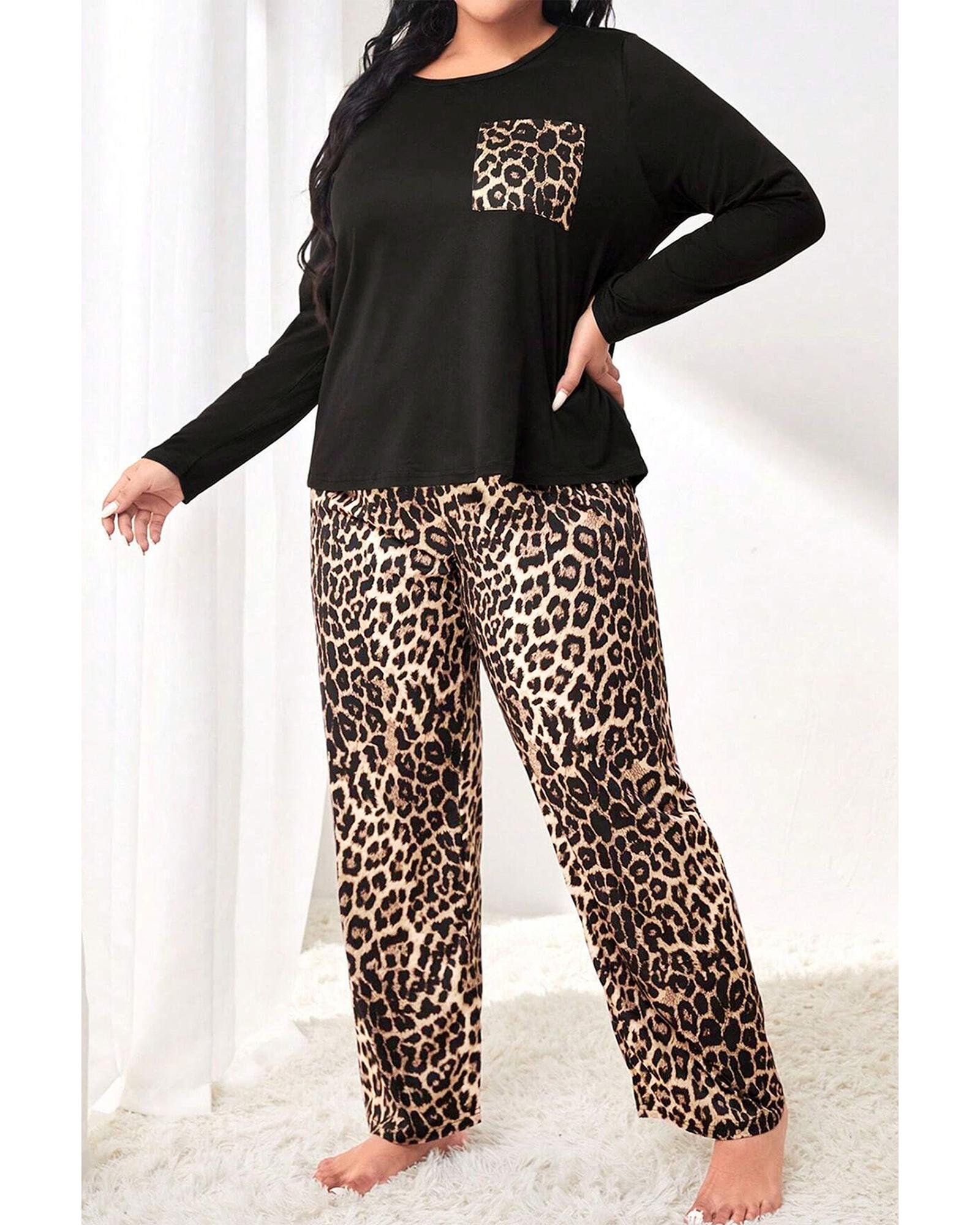 Black Leopard Patched Pocket Long Sleeve Top Plus Size Pants Set - 1X