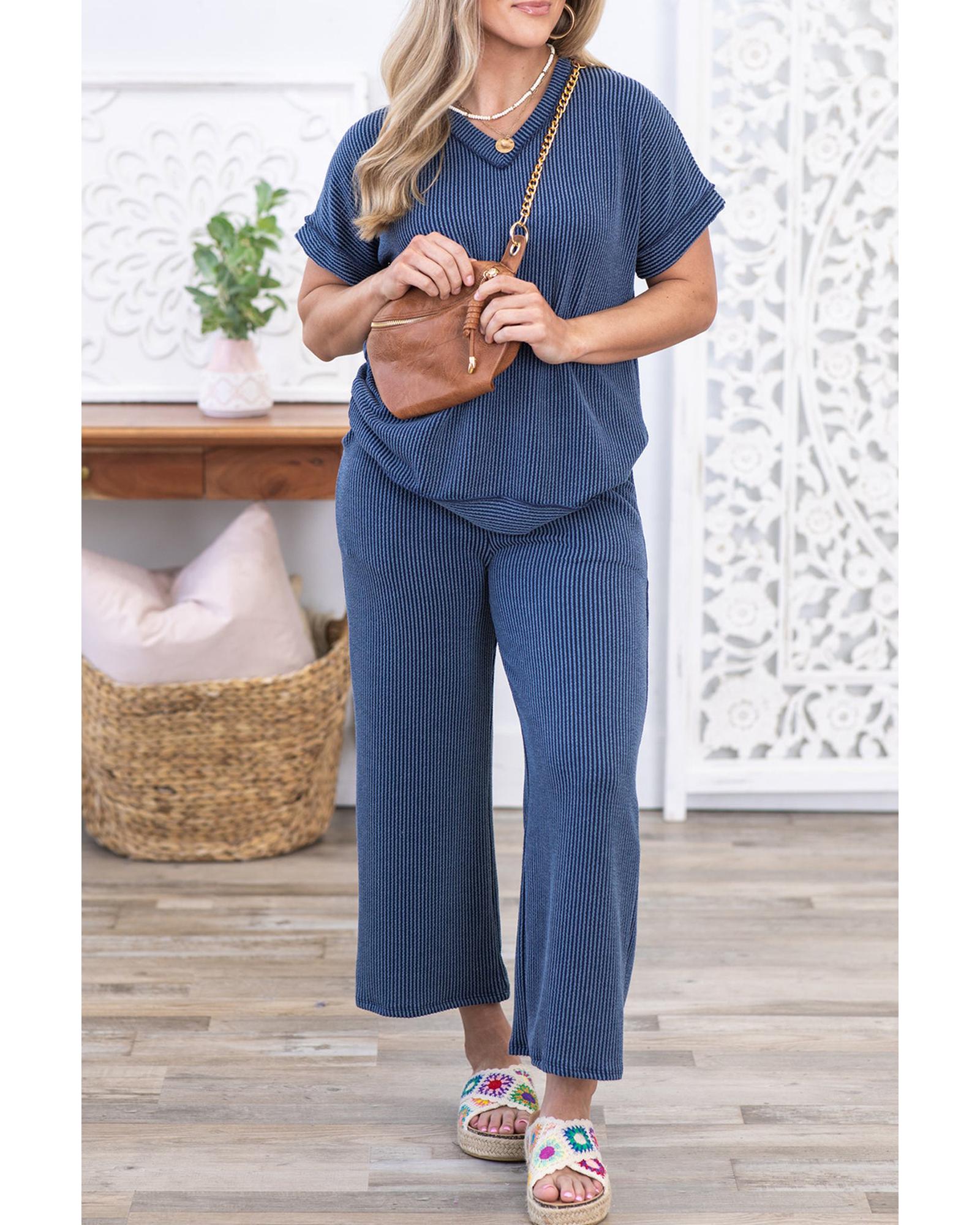 Sail Blue Ribbed V Neck Tee and Pants Plus Size Set - 2X