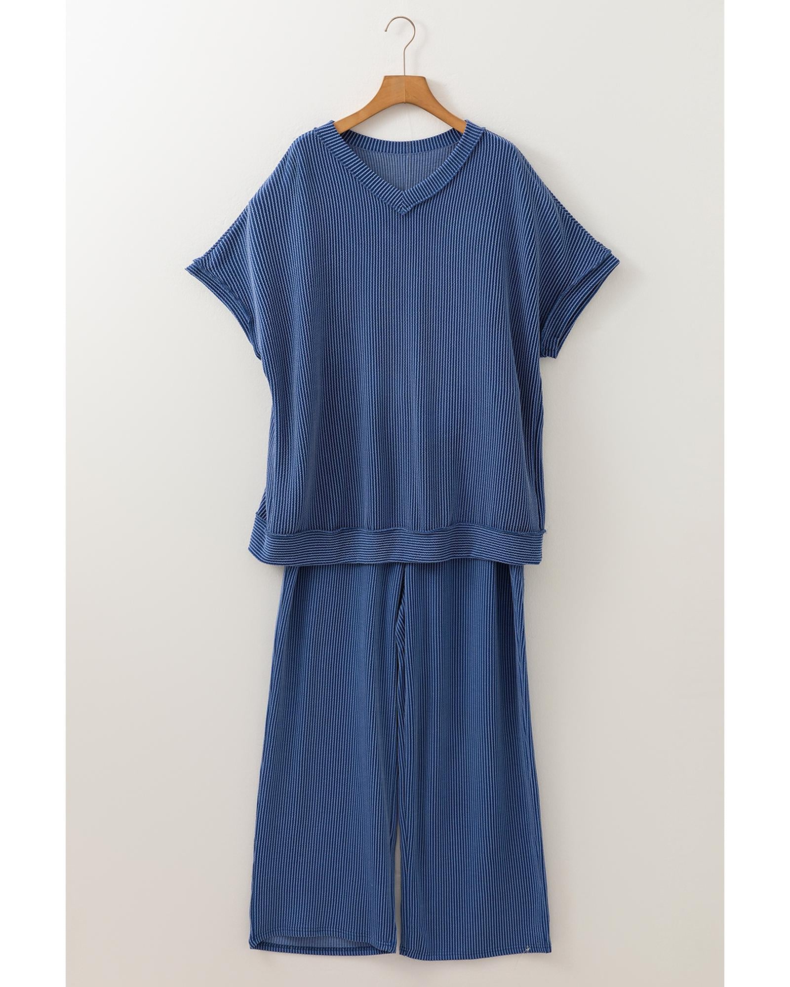 Sail Blue Ribbed V Neck Tee and Pants Plus Size Set - 2X
