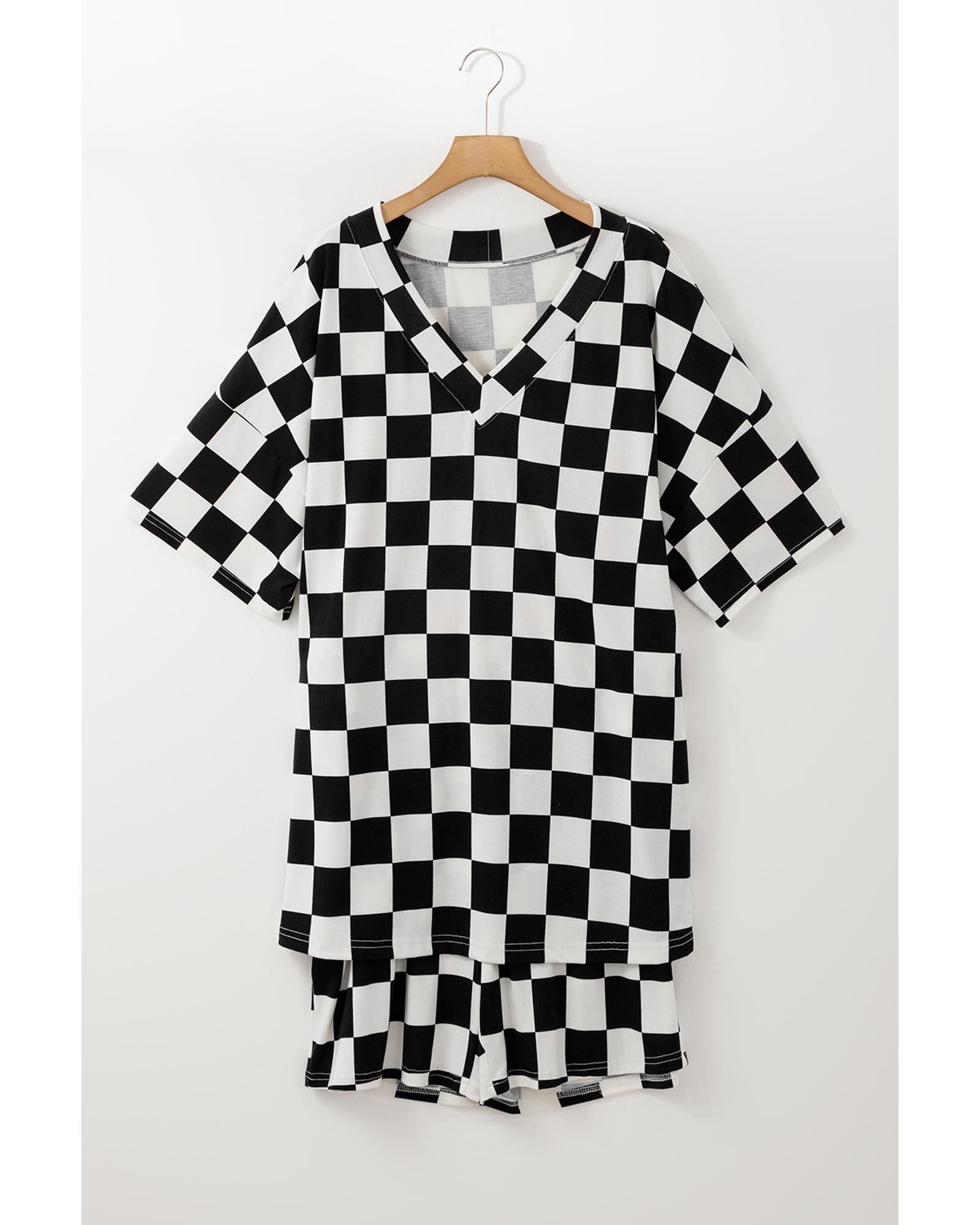 Black Checkered Pattern Tee and Shorts Plus Size Two Piece Set - 3X