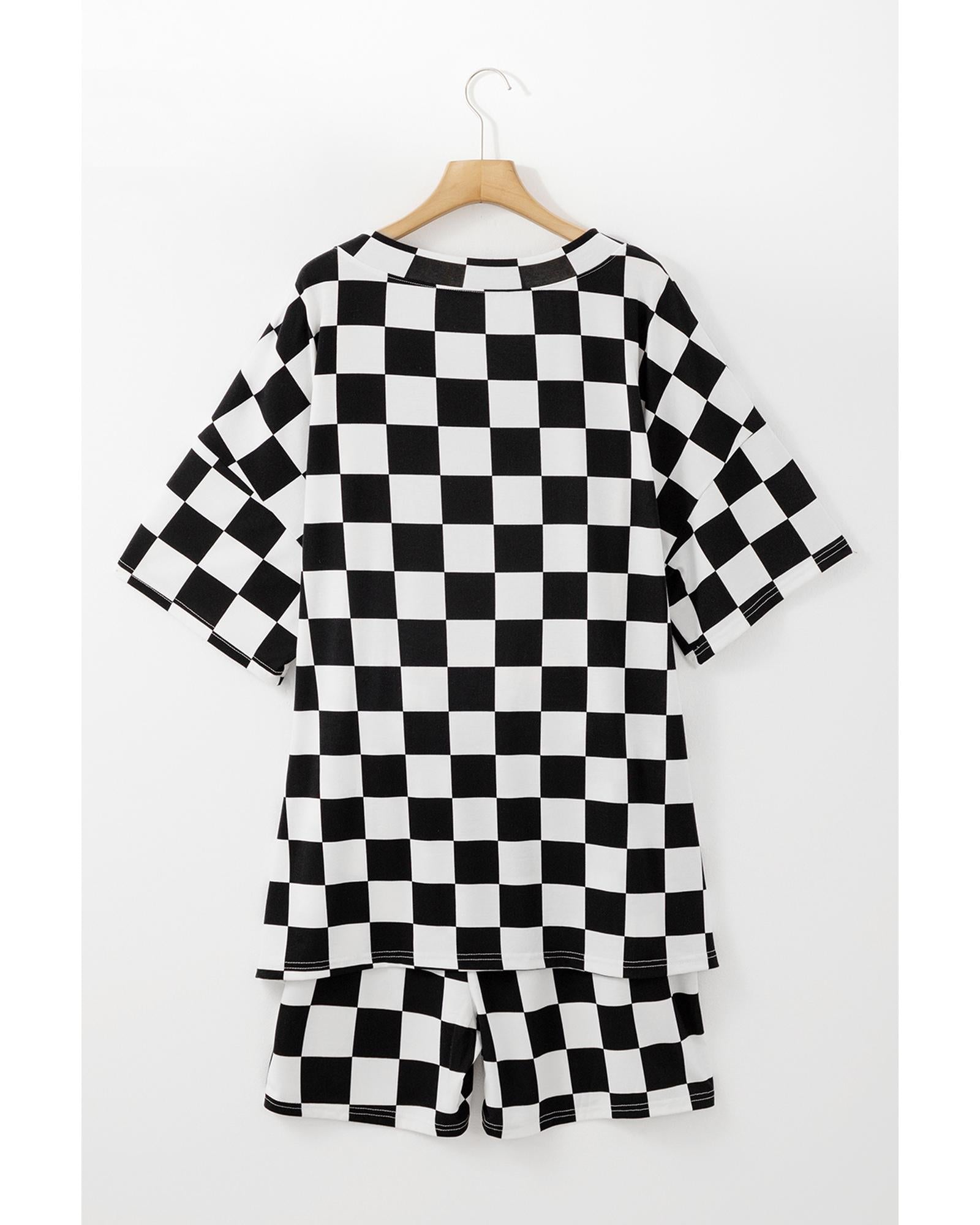 Black Checkered Pattern Tee and Shorts Plus Size Two Piece Set - 3X