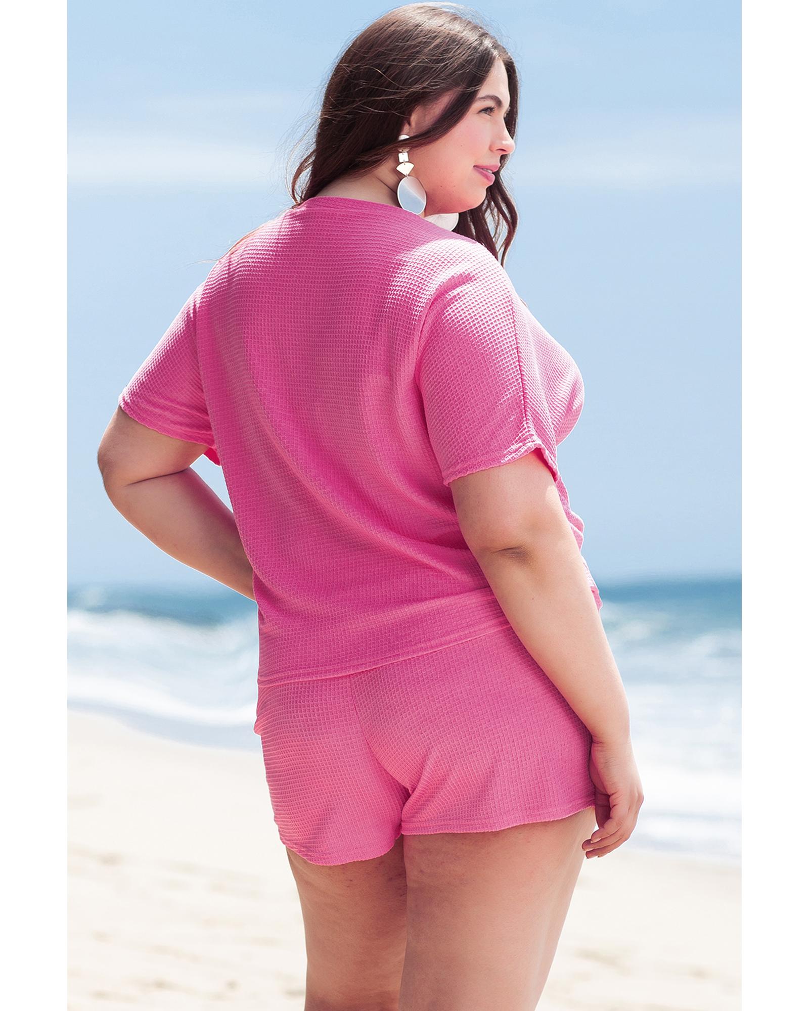 Rose Red Solid Waffle Knit Plus Size Two Piece Set - 1X