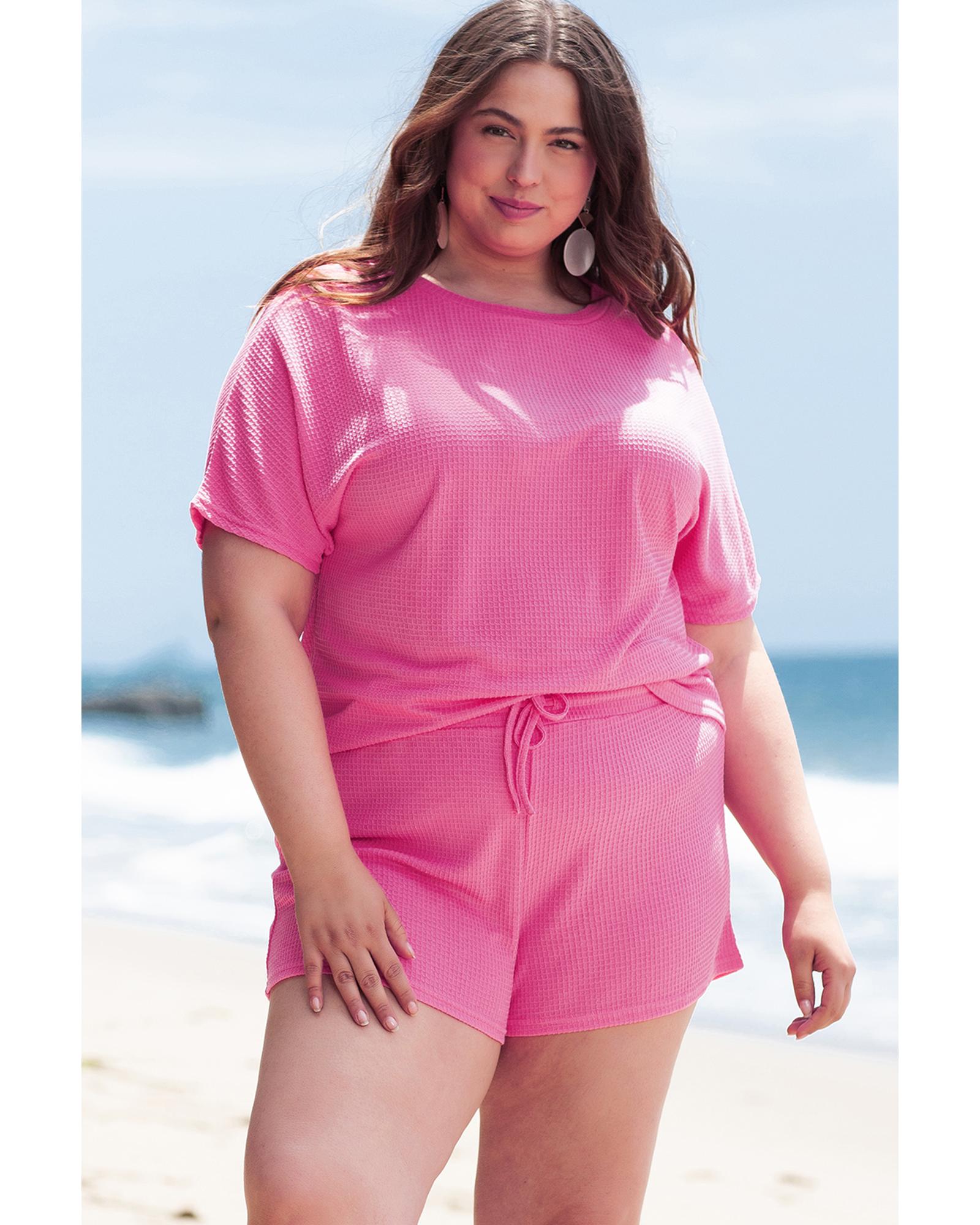 Rose Red Solid Waffle Knit Plus Size Two Piece Set - 1X