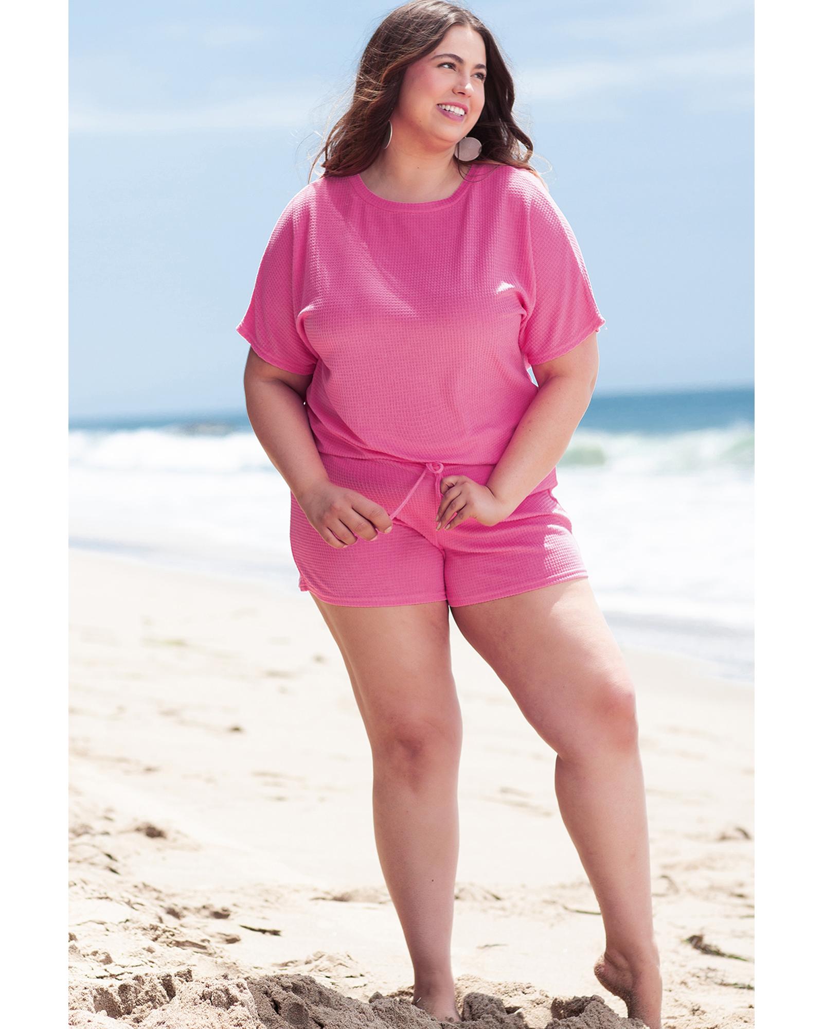 Rose Red Solid Waffle Knit Plus Size Two Piece Set - 1X