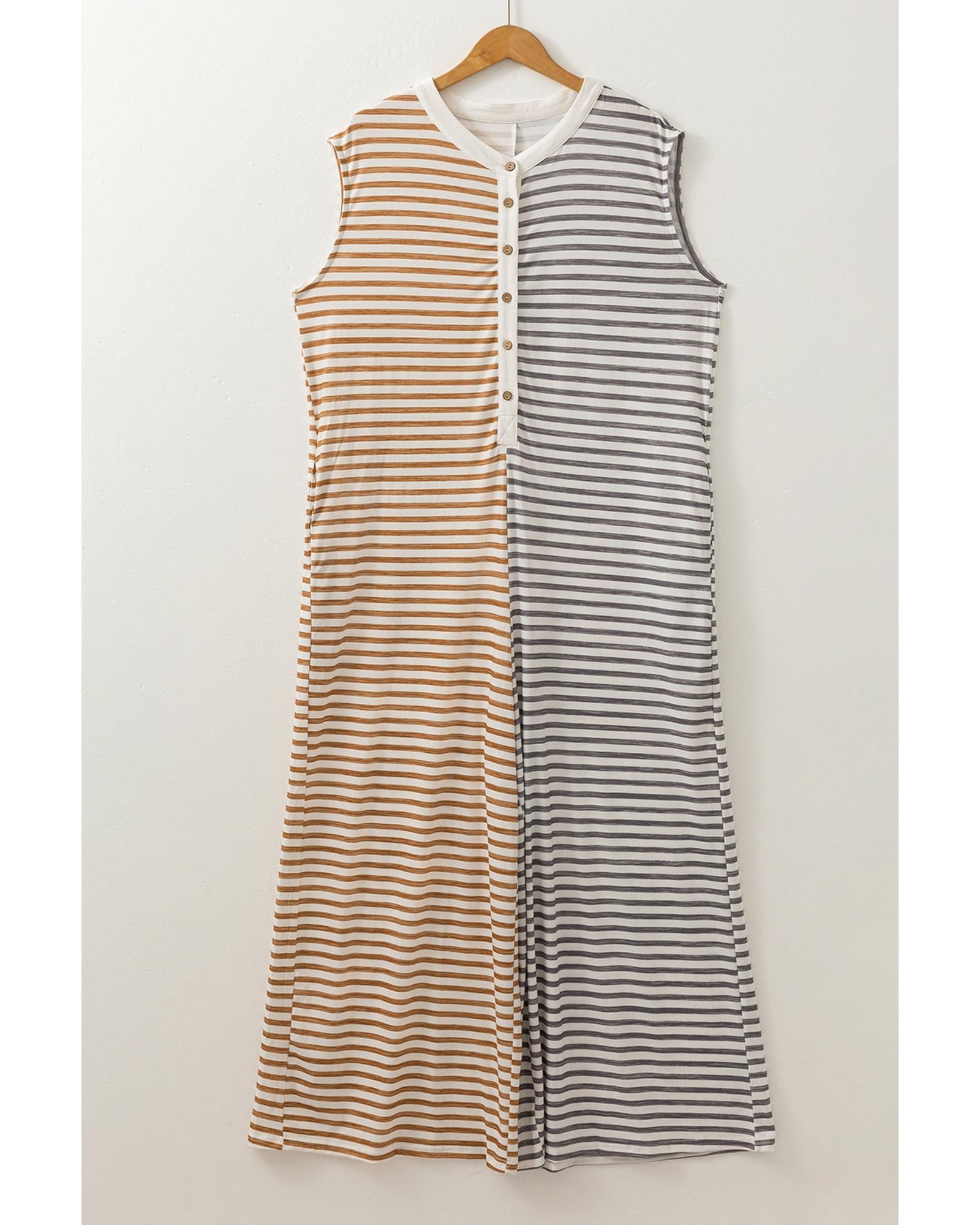 Gray Stripe Plus Size Color Block Buttoned Sleeveless Wide Leg Jumpsuit - 1X