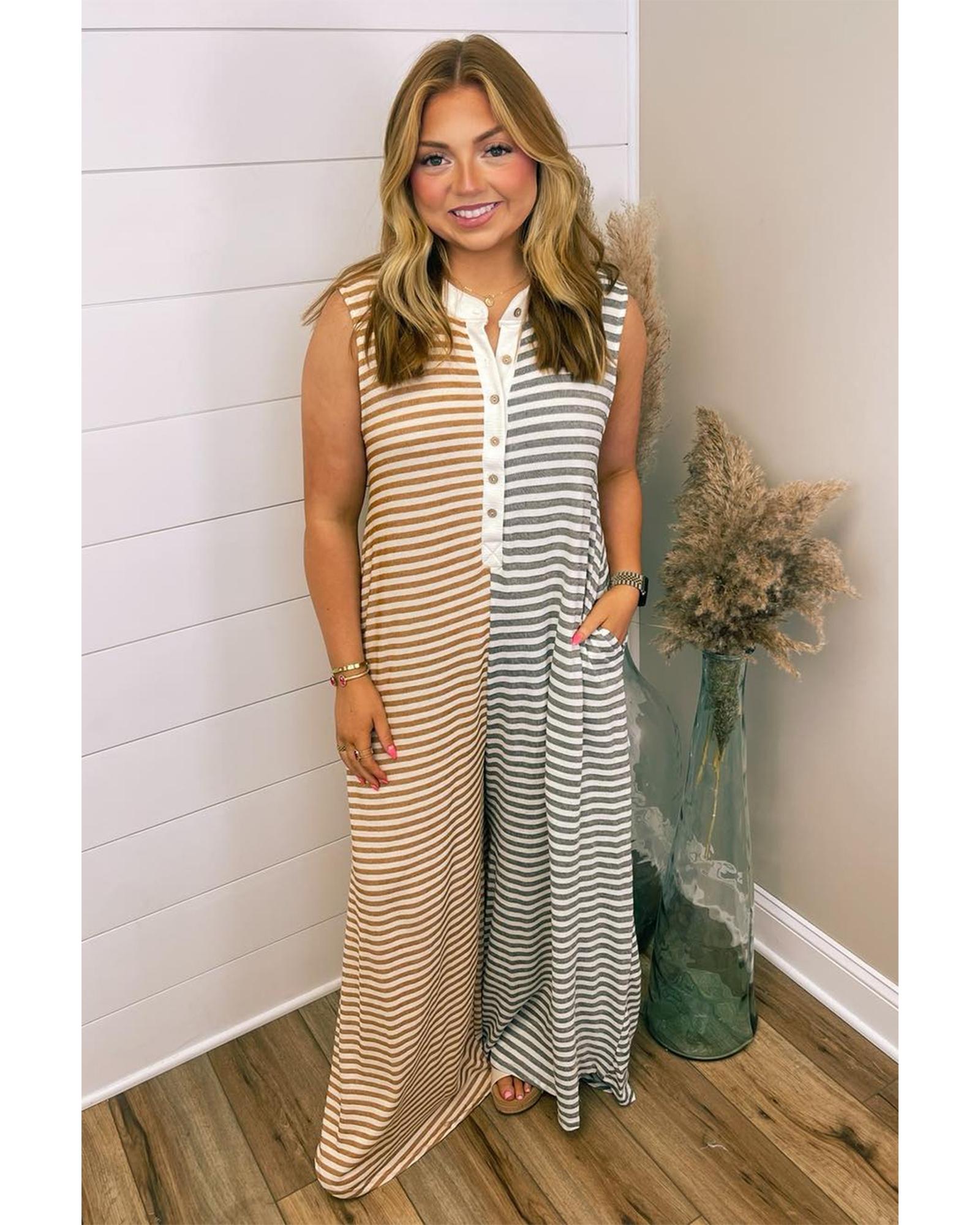 Gray Stripe Plus Size Color Block Buttoned Sleeveless Wide Leg Jumpsuit - 1X