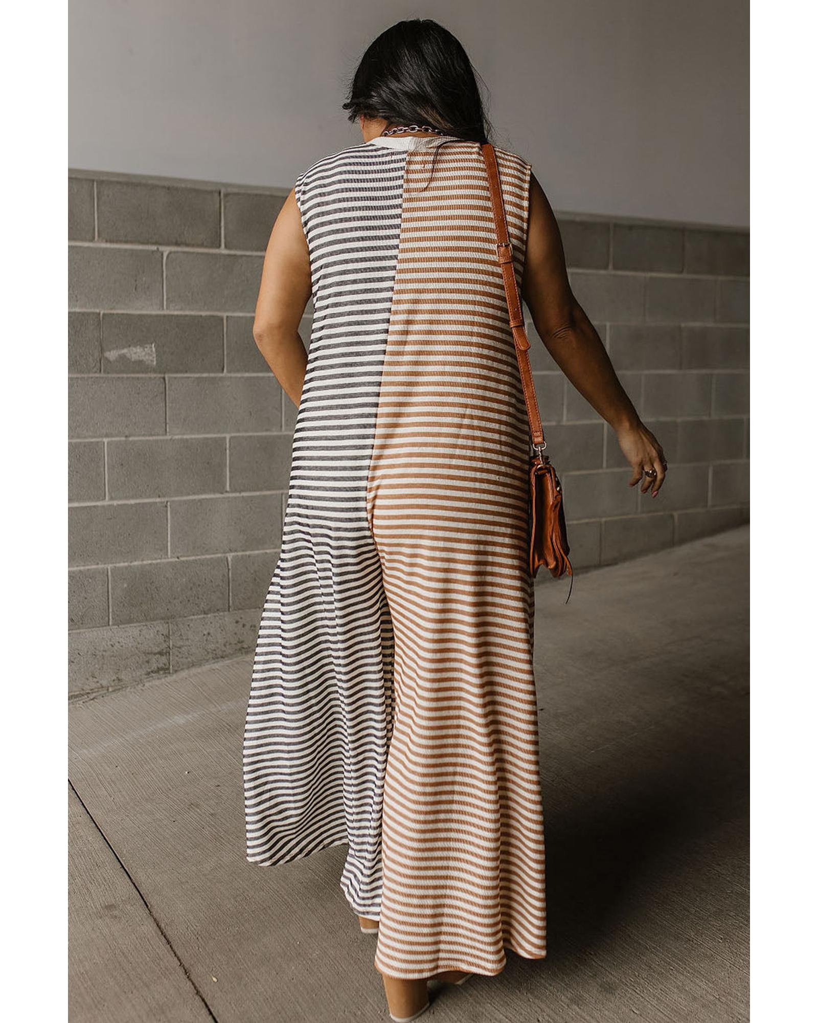 Gray Stripe Plus Size Color Block Buttoned Sleeveless Wide Leg Jumpsuit - 4X