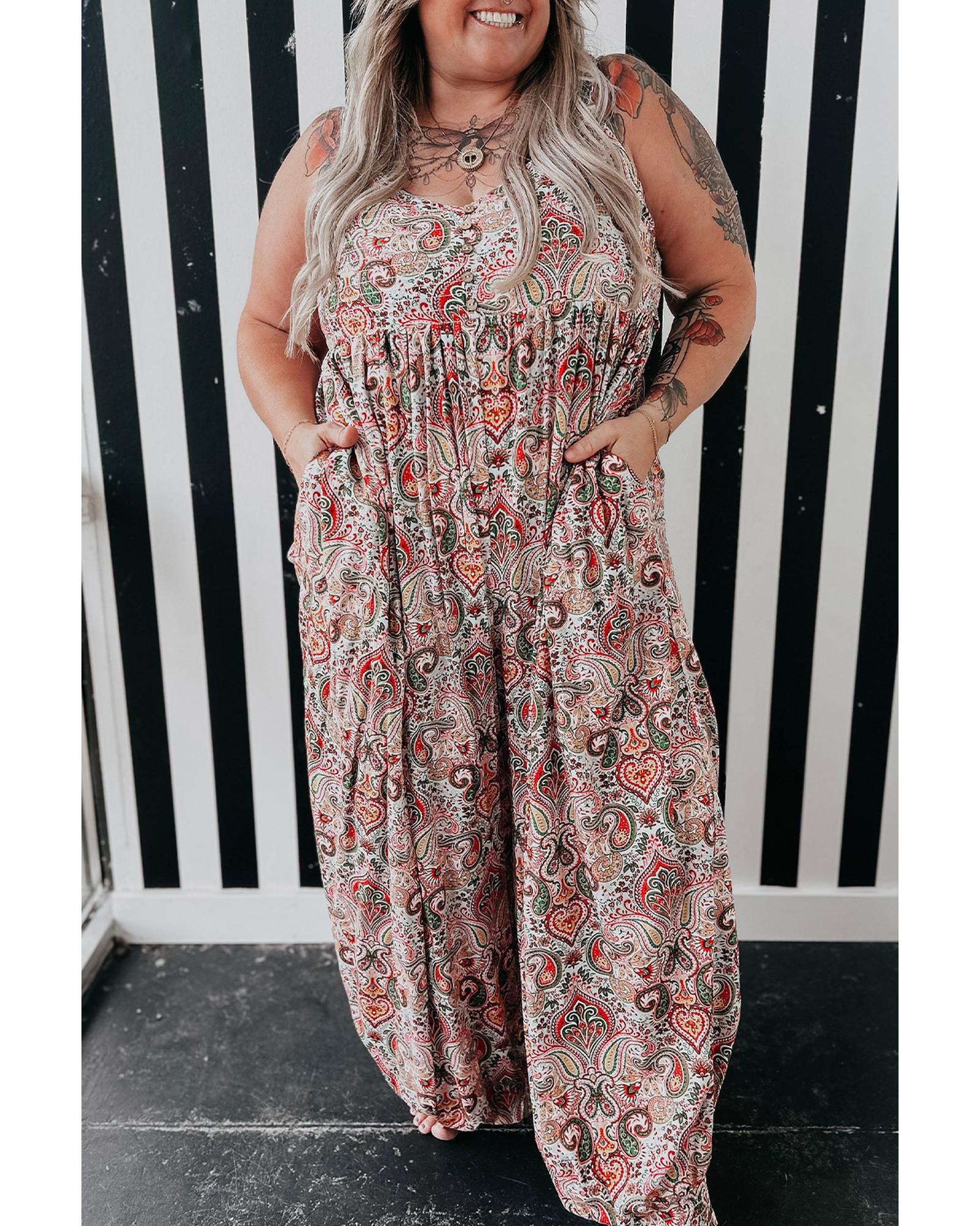 Multicolour Plus Size Paisley Print Sleeveless V Neck Jogger Jumpsuit - 2X