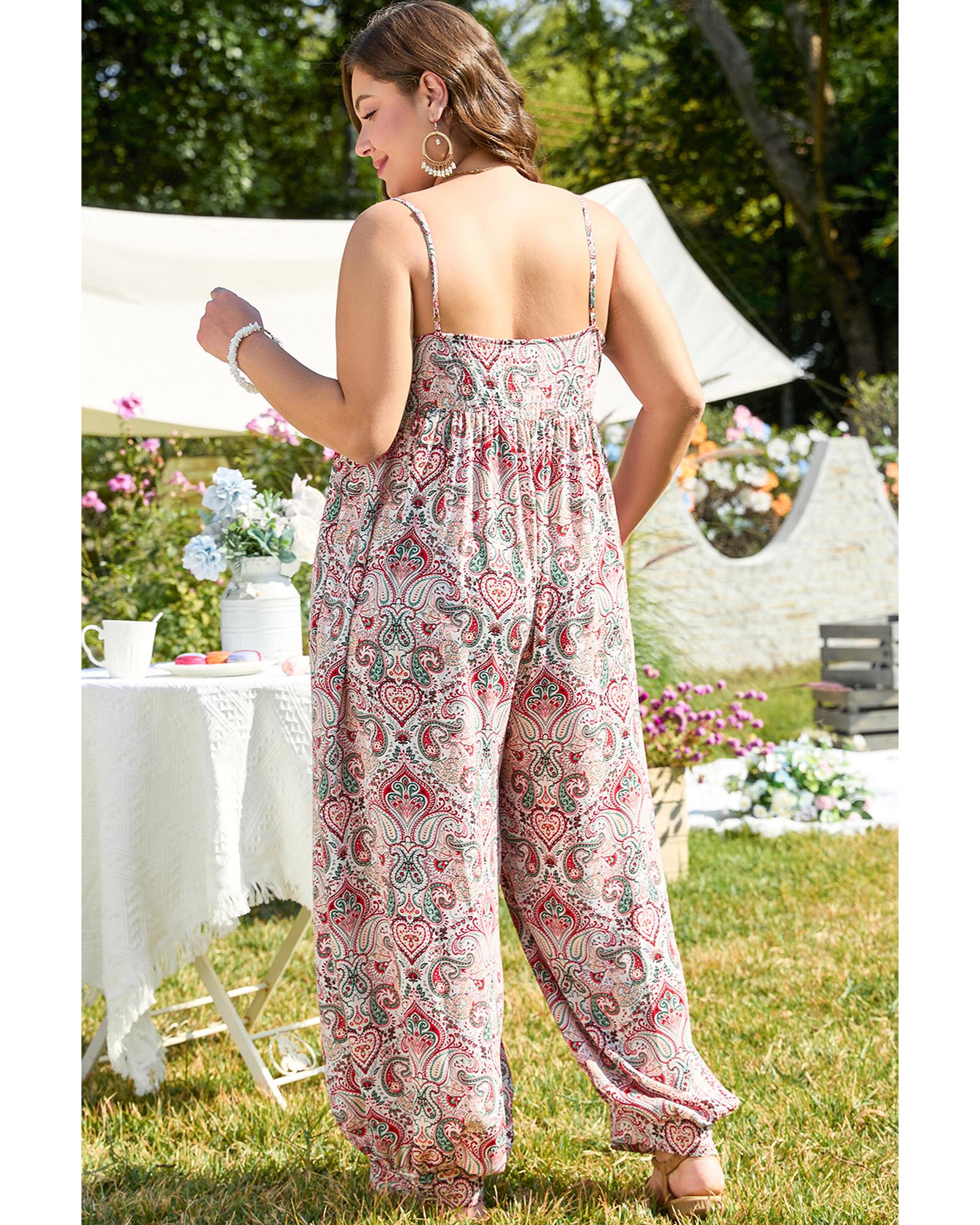 Multicolour Plus Size Paisley Print Sleeveless V Neck Jogger Jumpsuit - 3X