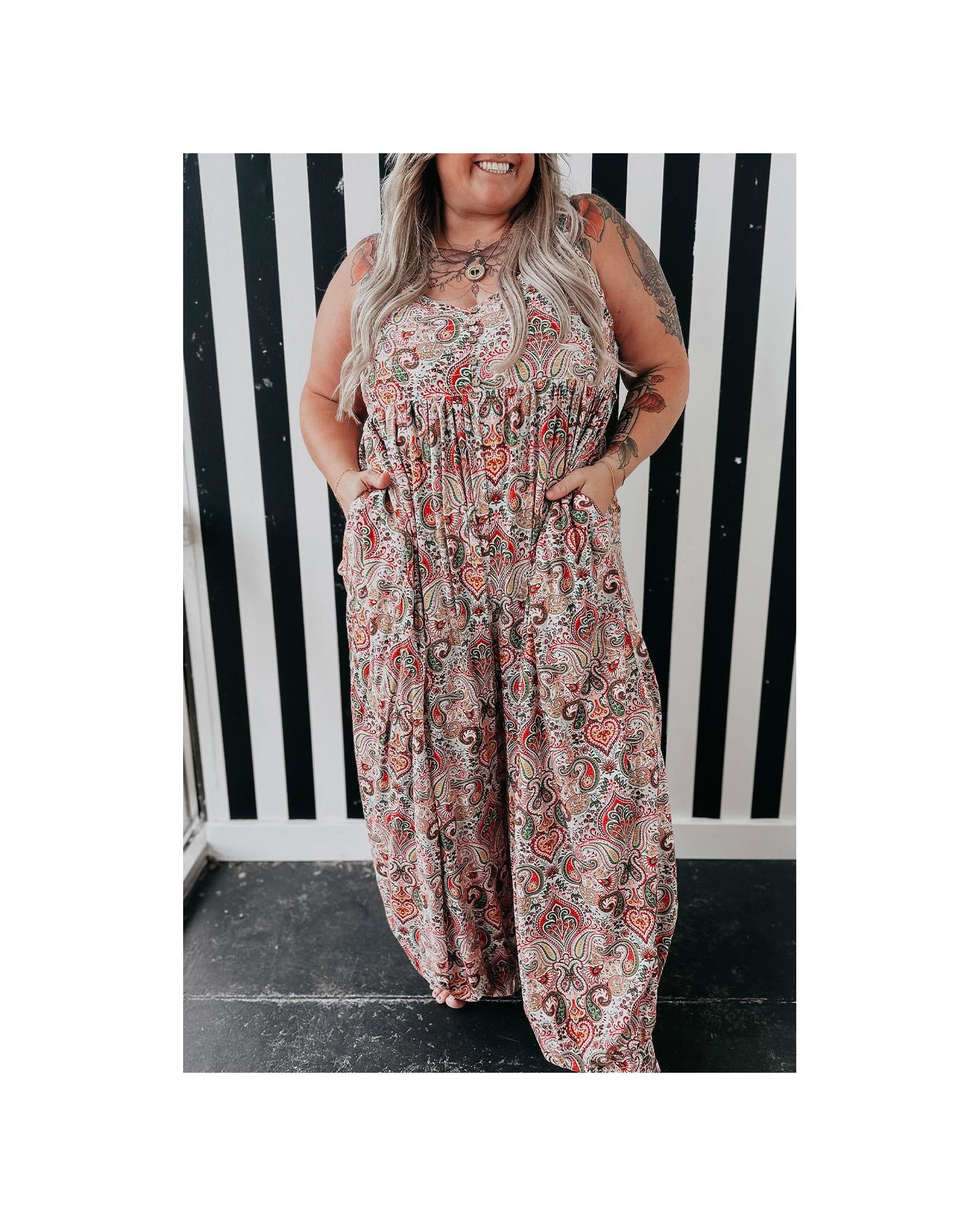 Multicolour Plus Size Paisley Print Sleeveless V Neck Jogger Jumpsuit - 3X