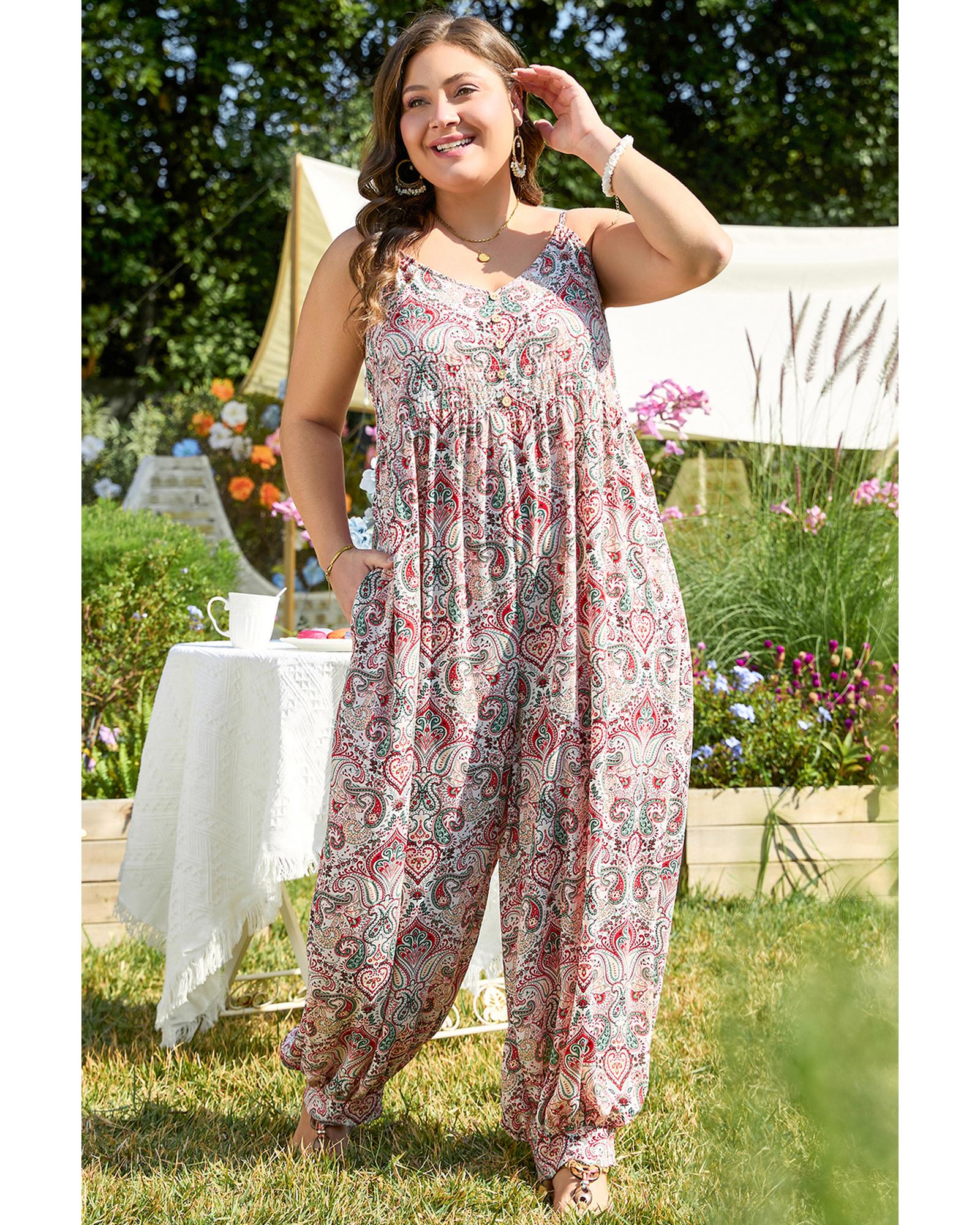 Multicolour Plus Size Paisley Print Sleeveless V Neck Jogger Jumpsuit - 4X