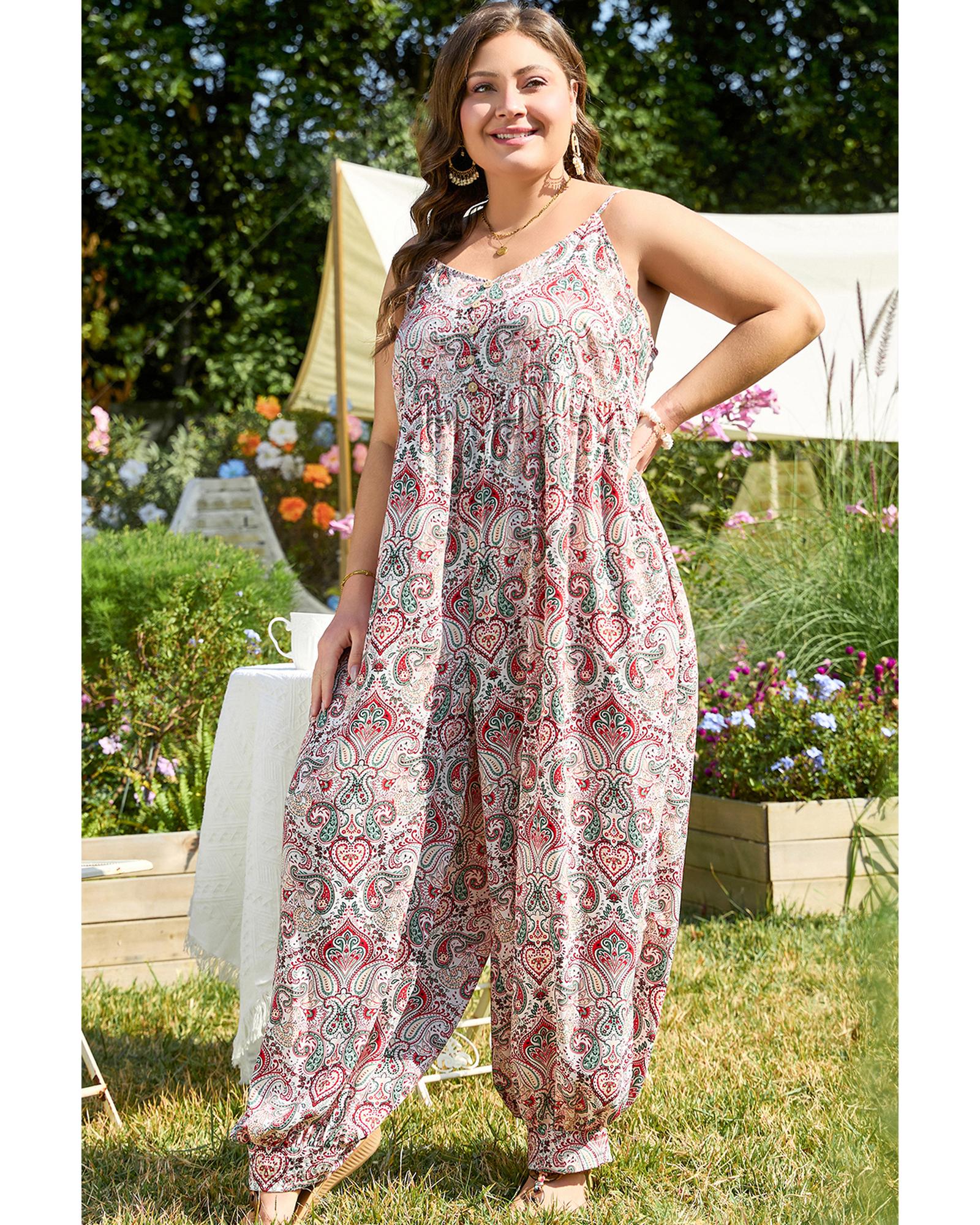 Multicolour Plus Size Paisley Print Sleeveless V Neck Jogger Jumpsuit - 4X