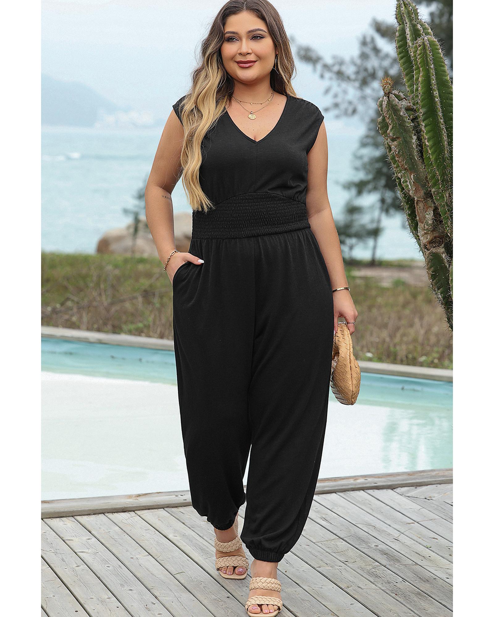 Black Plus Smocked High Waist Sleeveless V Neck Jumpsuit - 3X