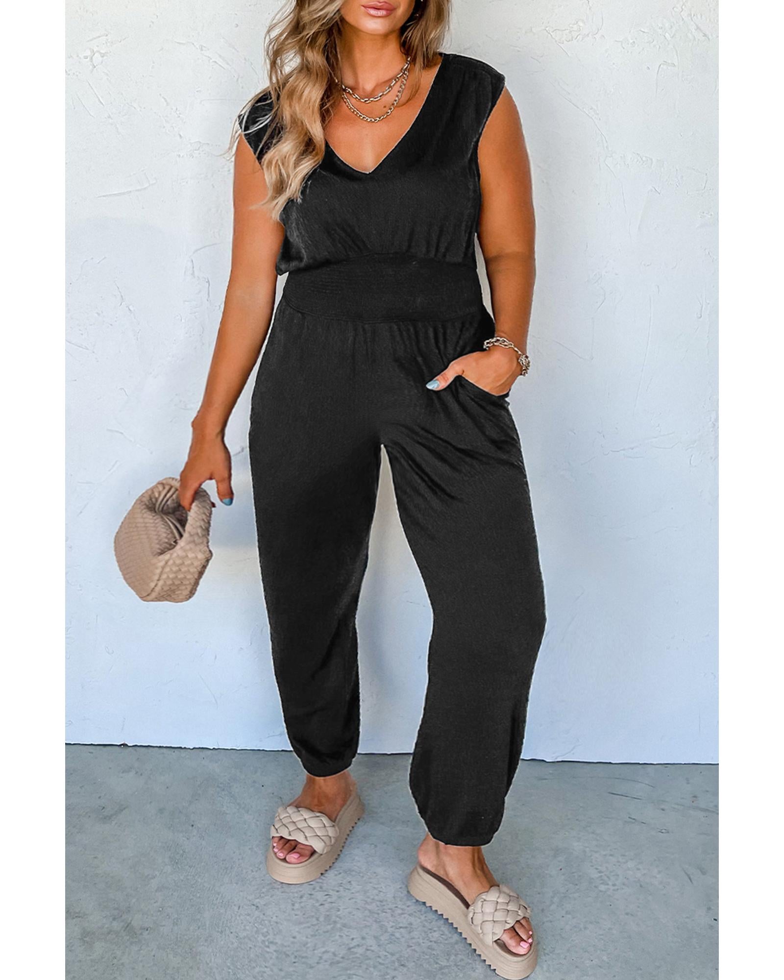 Black Plus Smocked High Waist Sleeveless V Neck Jumpsuit - 3X