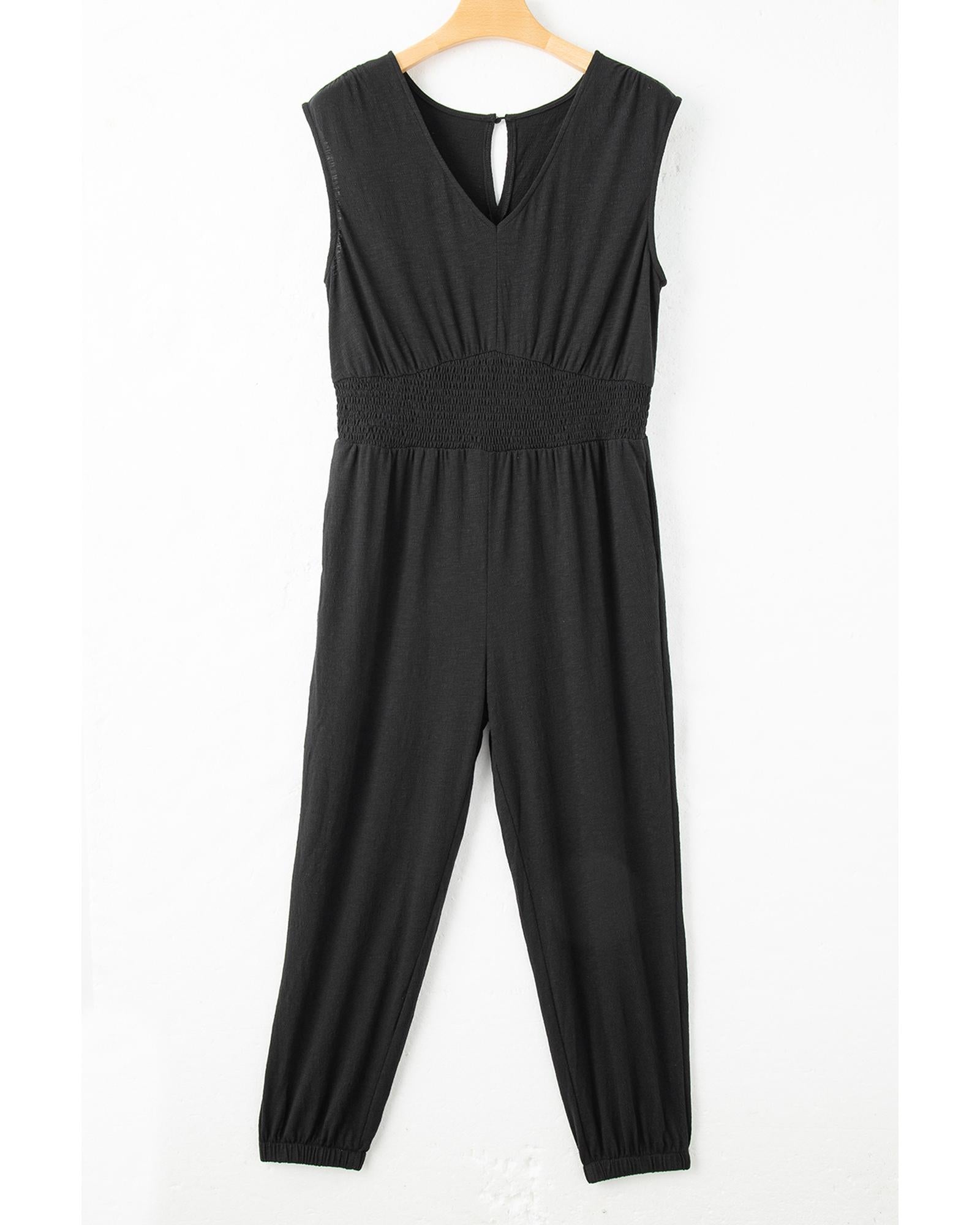 Black Plus Smocked High Waist Sleeveless V Neck Jumpsuit - 3X
