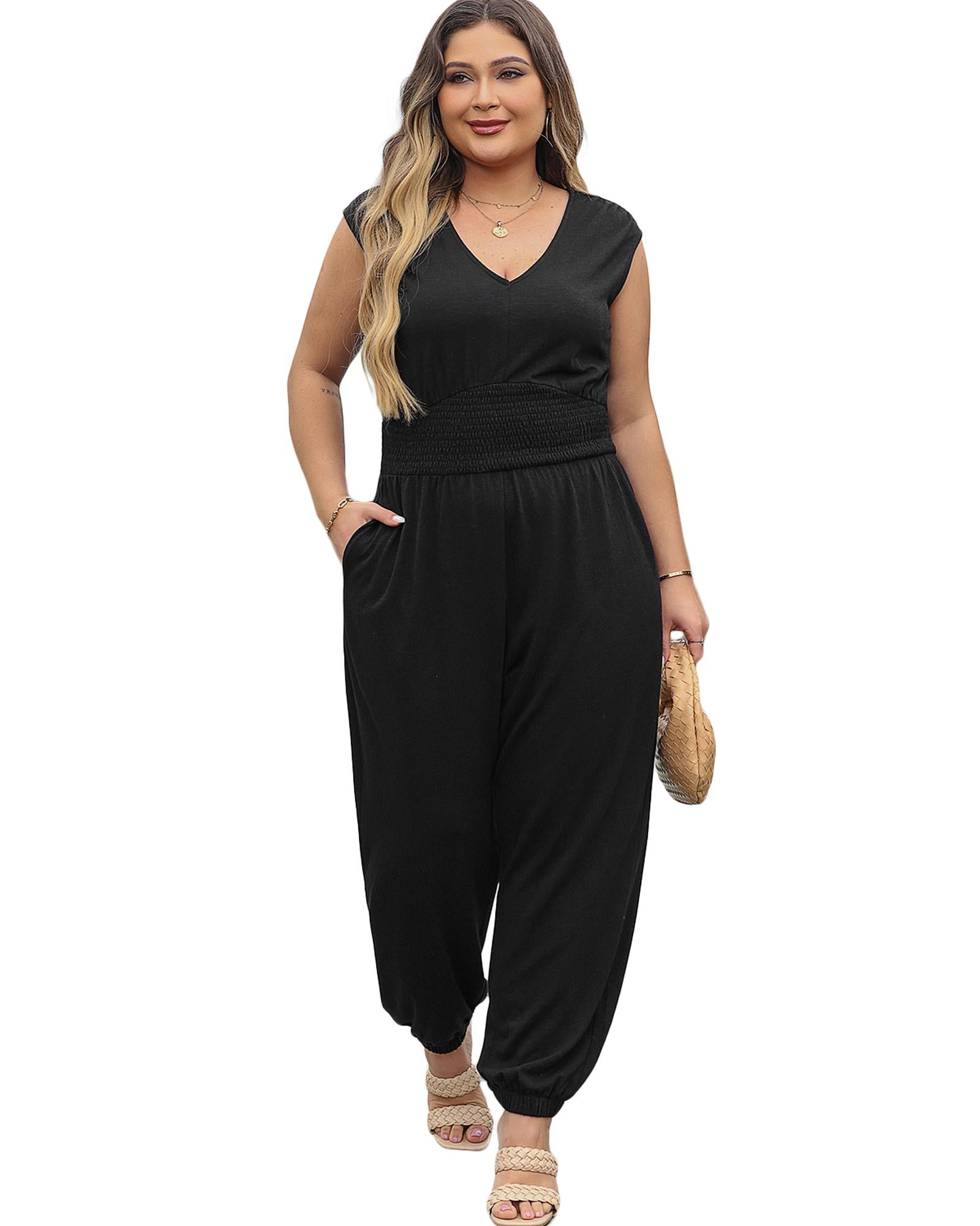 Black Plus Smocked High Waist Sleeveless V Neck Jumpsuit - 3X