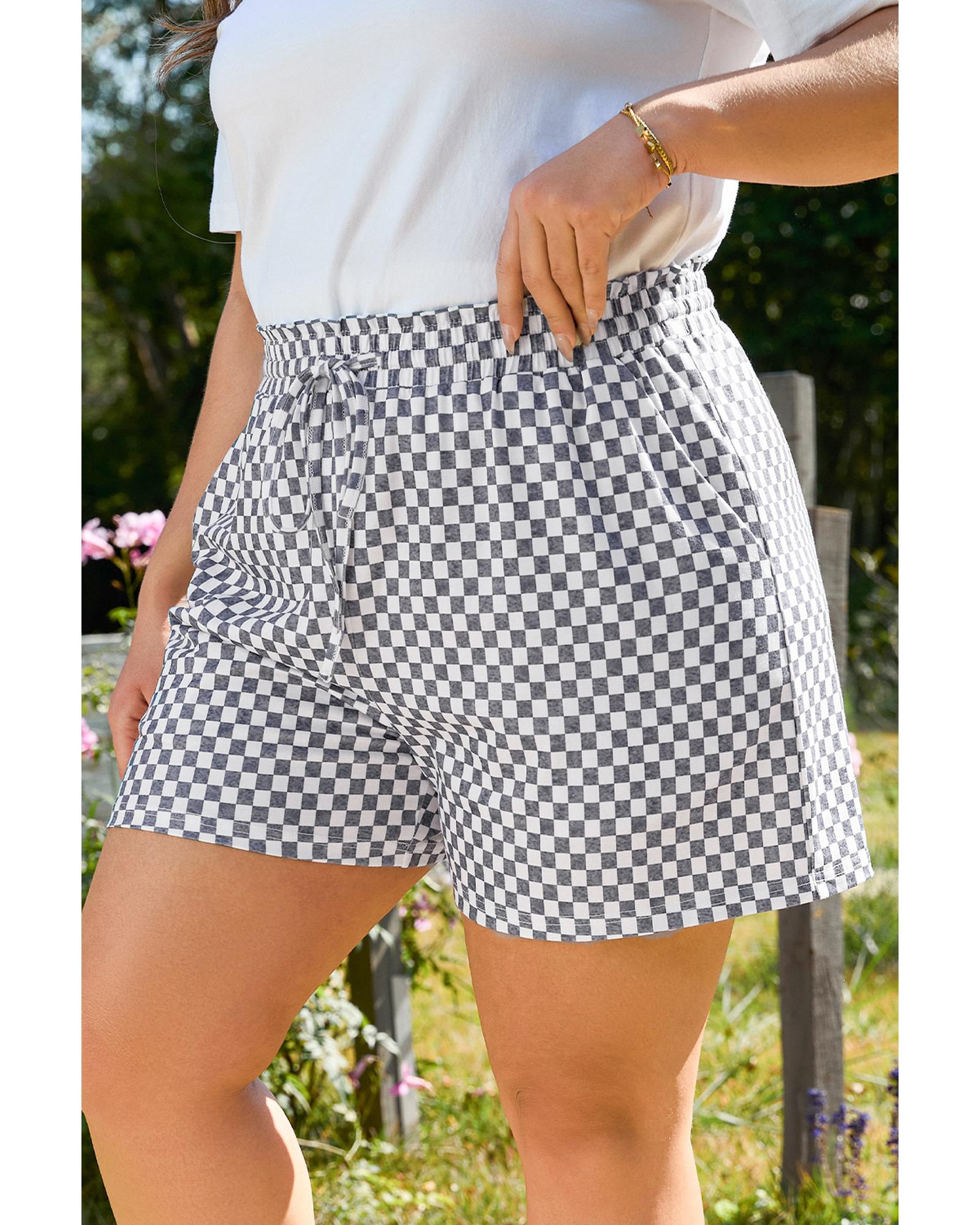 Gray Checkerboard Lace-Up High Waist Plus Size Casual Shorts - 4X