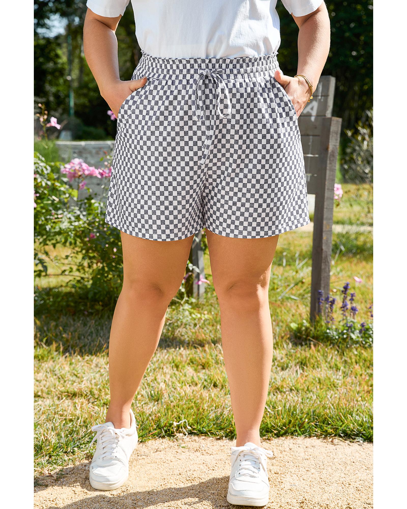 Gray Checkerboard Lace-Up High Waist Plus Size Casual Shorts - 4X