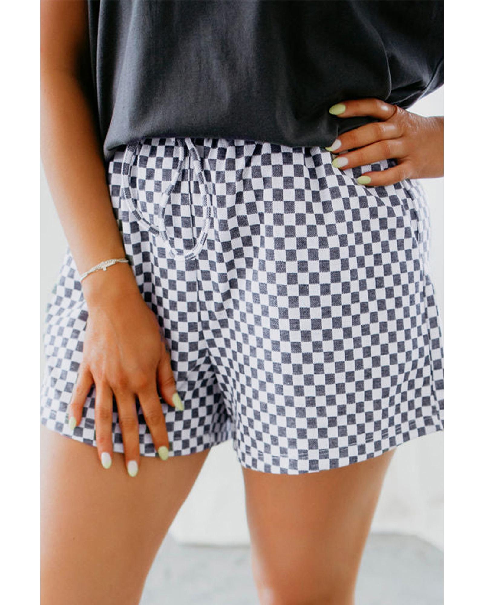 Gray Checkerboard Lace-Up High Waist Plus Size Casual Shorts - 4X