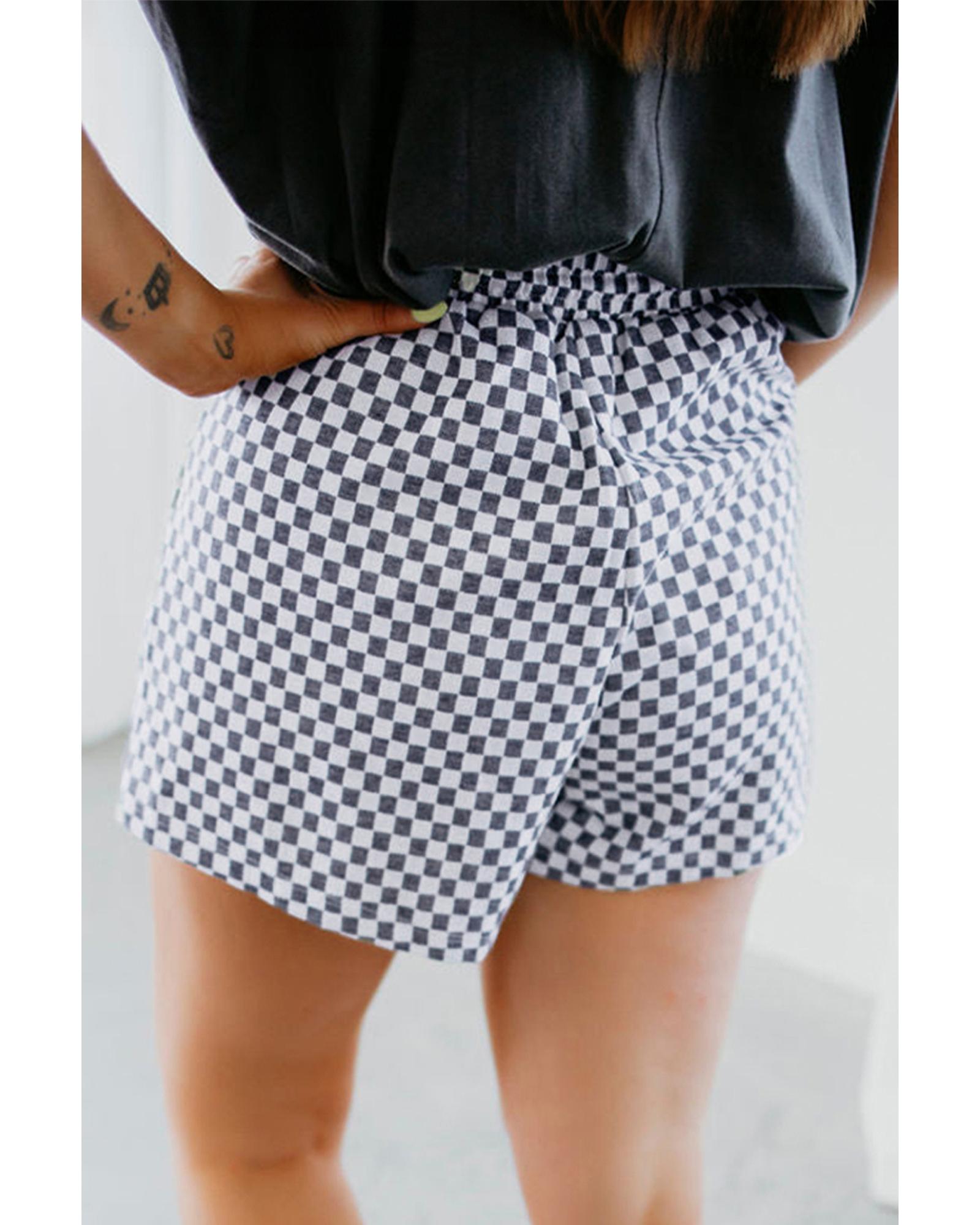 Gray Checkerboard Lace-Up High Waist Plus Size Casual Shorts - 4X