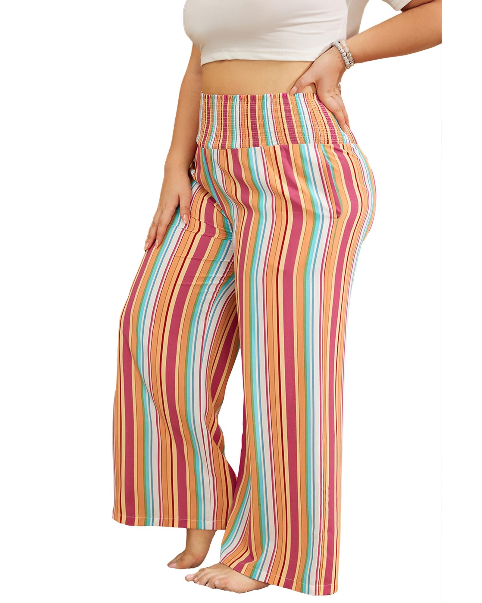 Orange Stripe Plus Size Boho Smocked Waist Loose Pants - 1X
