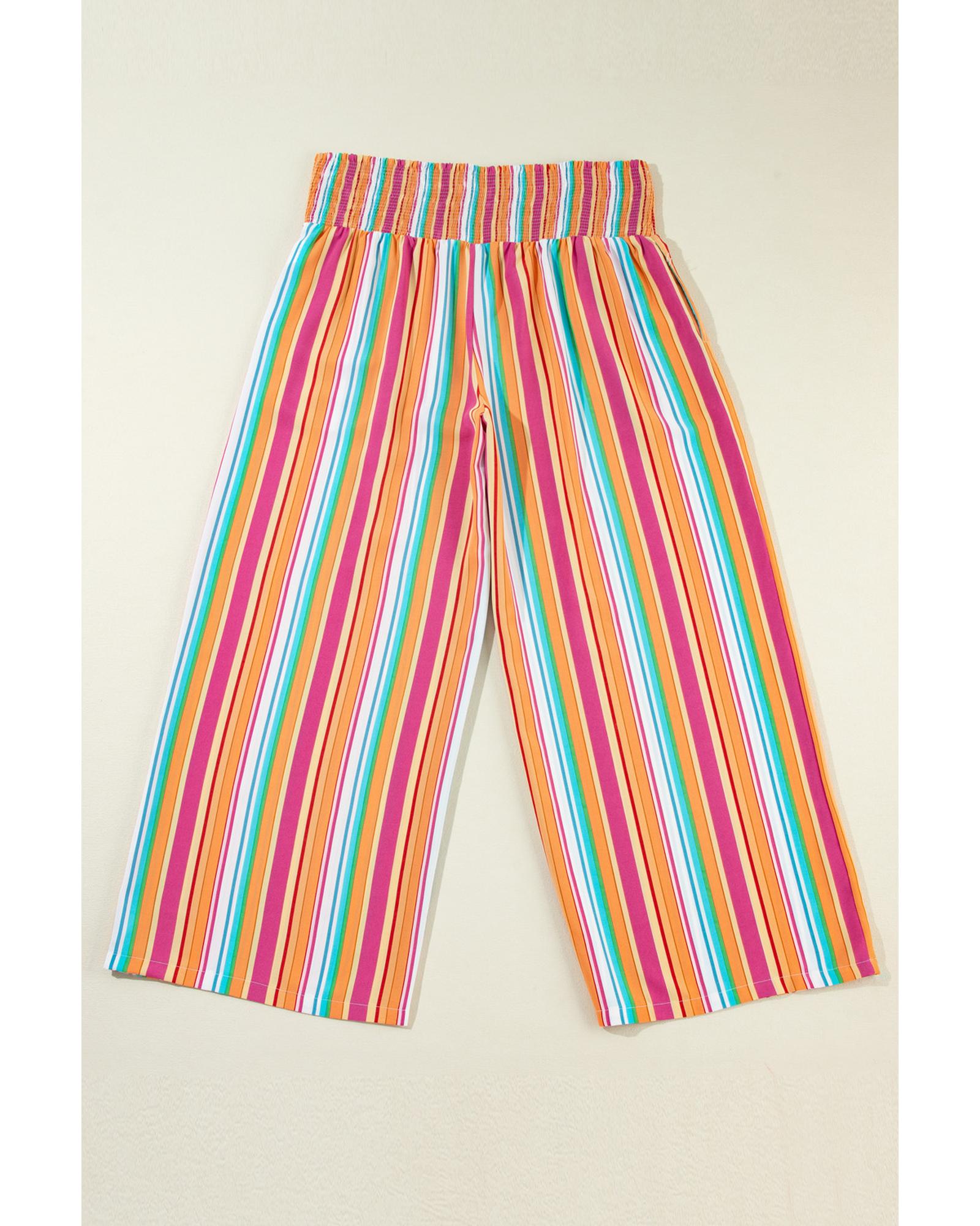 Orange Stripe Plus Size Boho Smocked Waist Loose Pants - 1X
