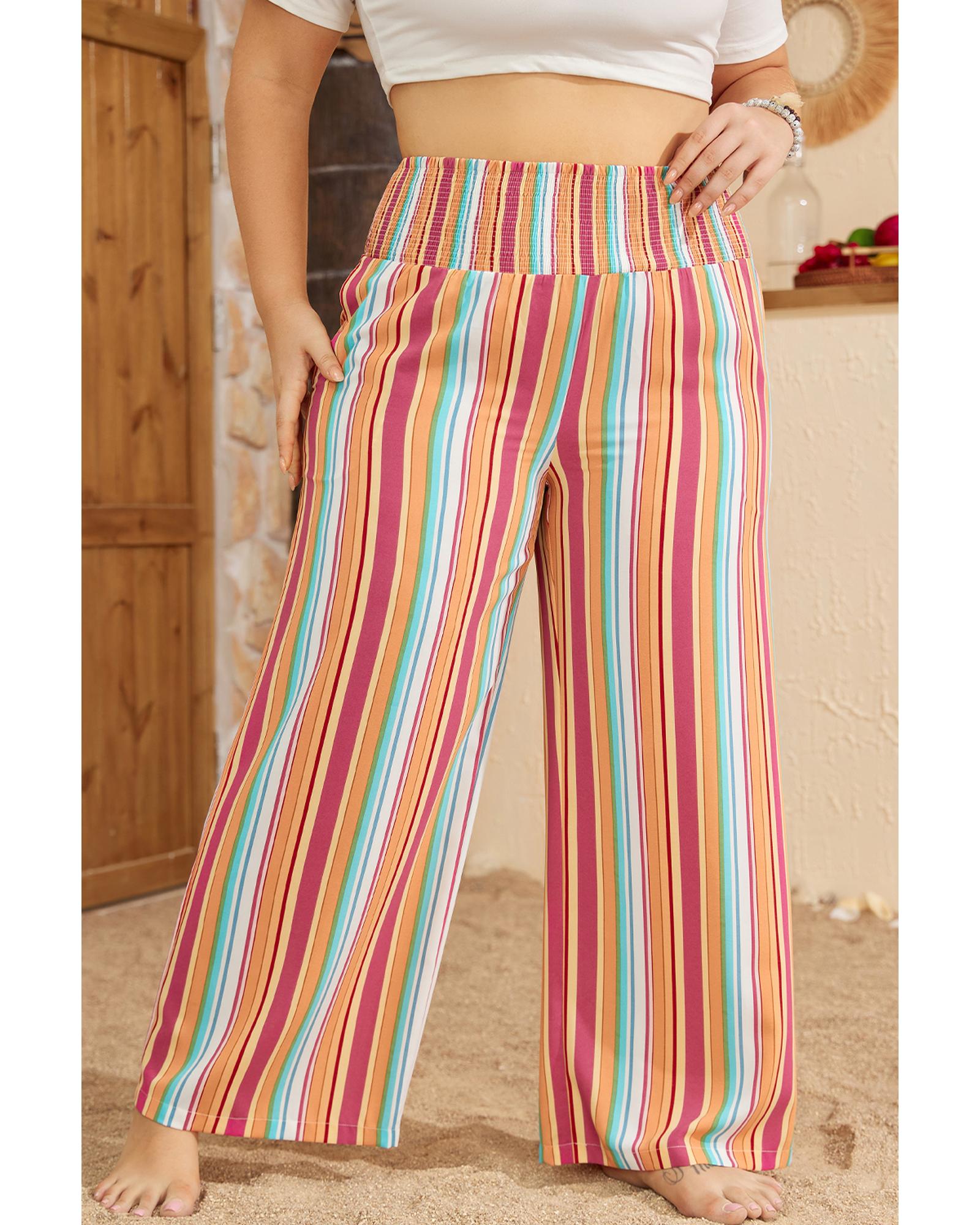Orange Stripe Plus Size Boho Smocked Waist Loose Pants - 1X