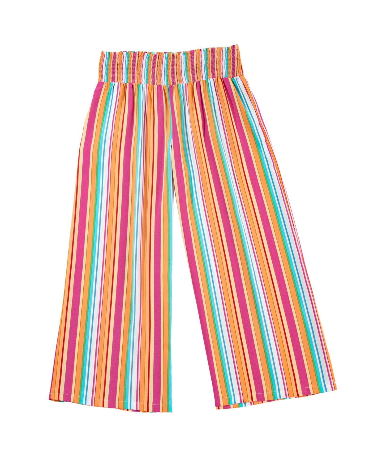 Orange Stripe Plus Size Boho Smocked Waist Loose Pants - 1X