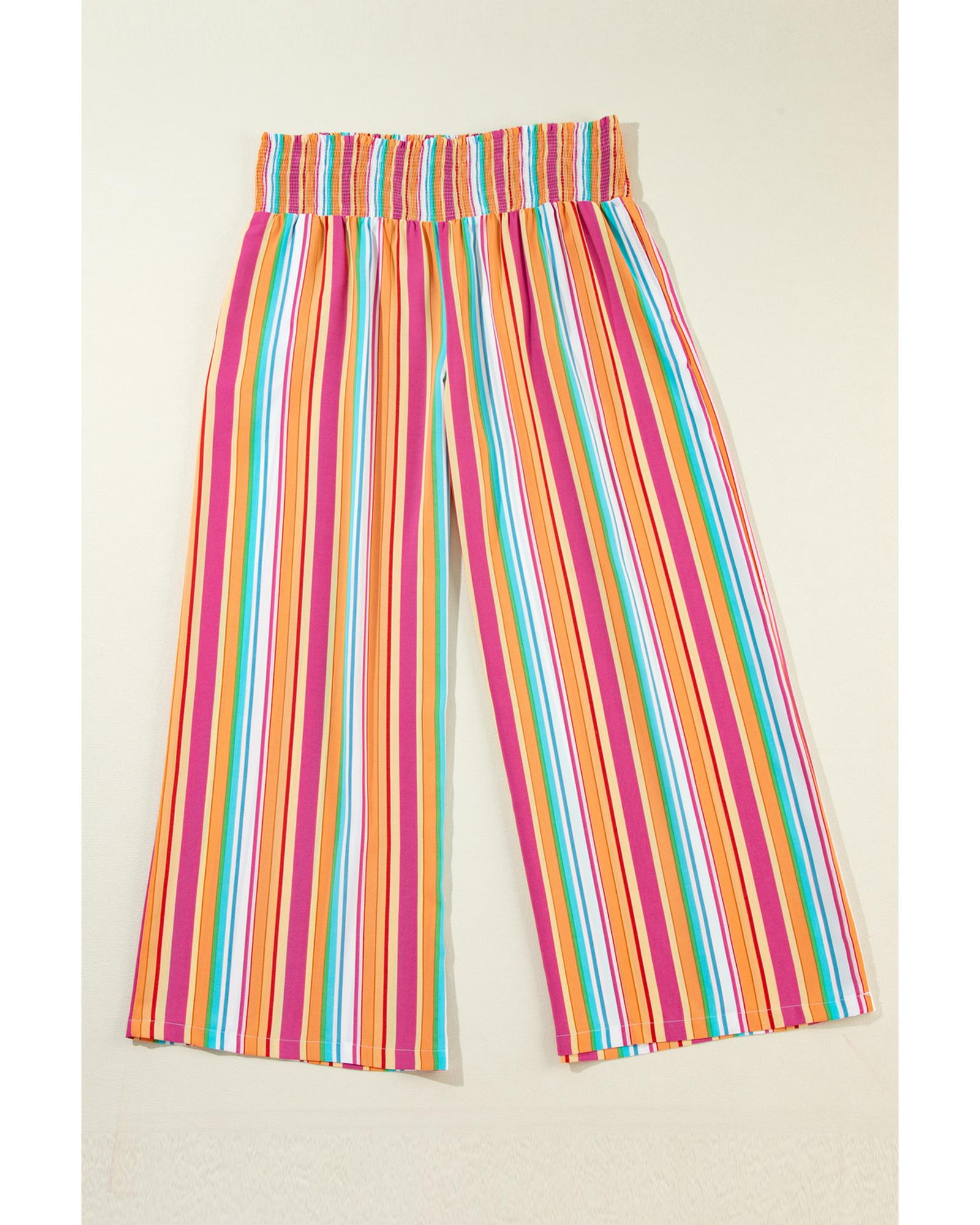 Orange Stripe Plus Size Boho Smocked Waist Loose Pants - 1X